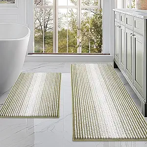 BSICPRO Bathroom Rugs and Mats Sets, 2 Piece Thick Absorbent Chenille Non Slip, Soft Shaggy Floor Mats, Machine Washable (Linden Green, 20" x 47" Plus 16" x 24")