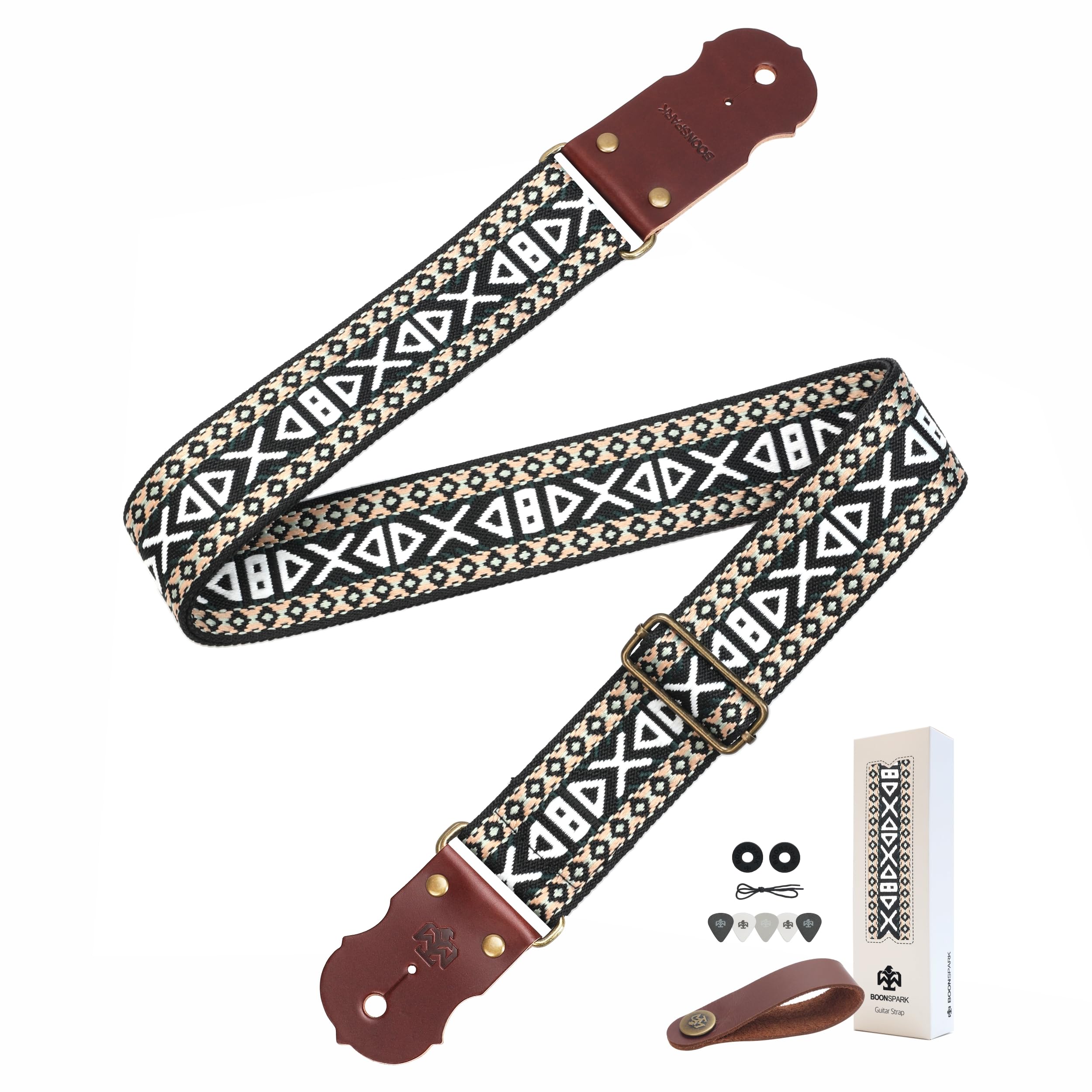 Mysterious Guitar Strap - Real Thick Cowhide Ends,Safe Durable,2in Wide Soft Jacquard Embroidered Cotton Adjustable Guitar Straps for Acoustic,Bass &amp; Electric Guitars,Guitarists Gift Set