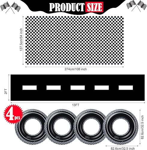 Miniatura 2 de 6 piezas de suministros de fiesta de cumpleaños de carreras, incluye mantel a cuadros camino de mesa y tubos inflables para neumáticos para