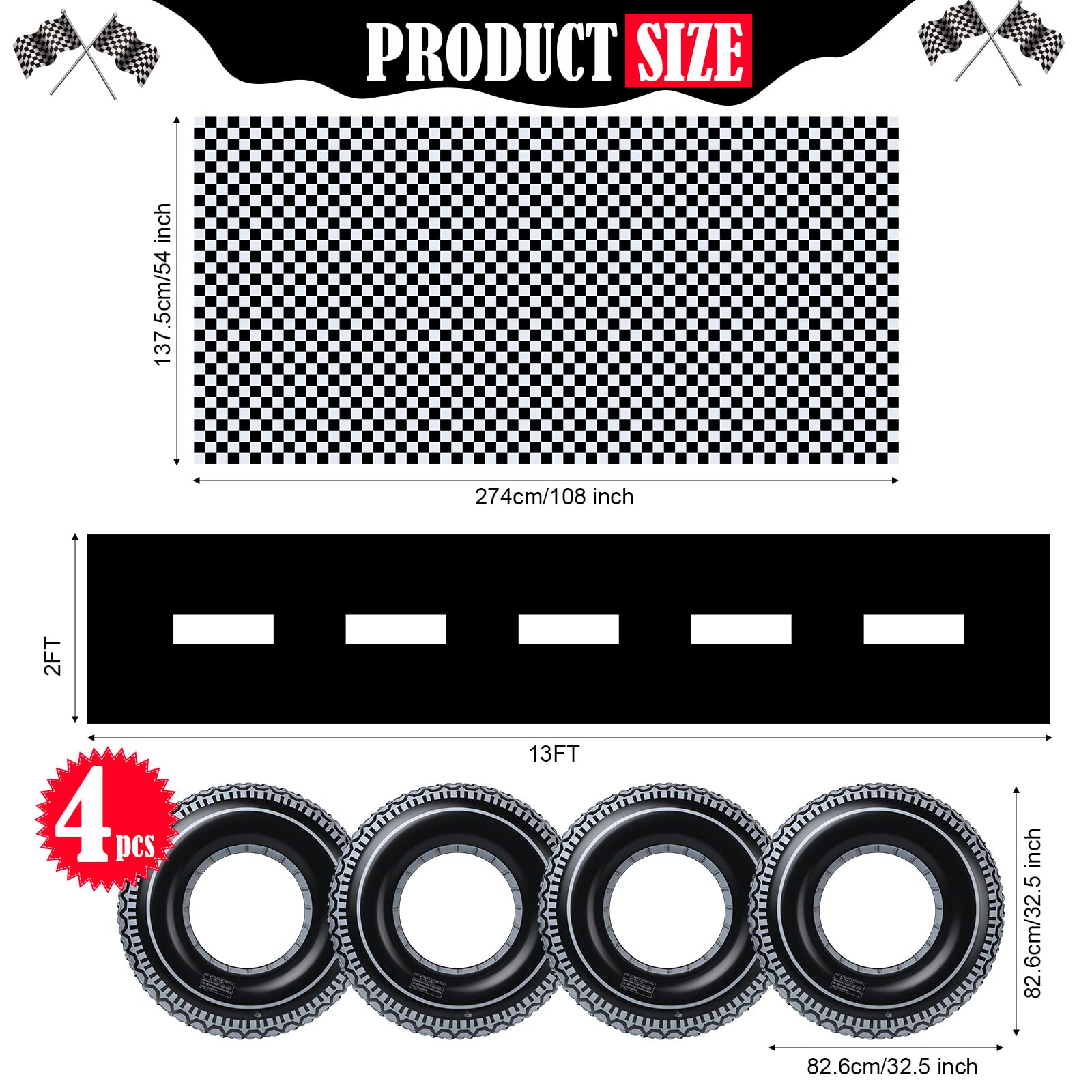 6-Piece Race Car Party Supplies Set - Checkered Tablecloth, Road Table Runner & Tire Swim Rings For Racing Theme