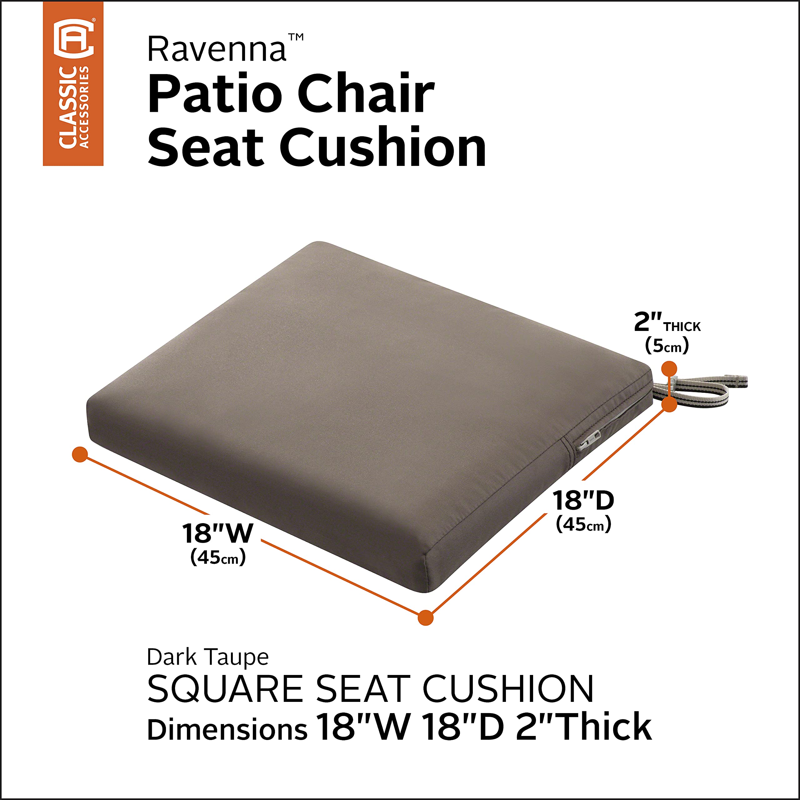 Classic Accessories Ravenna wodoodporna poduszka na krzesło tarasowe, 45 x 45 x 5 cm, ciemnoszarobrązowa, poduszki na meble ogrodowe