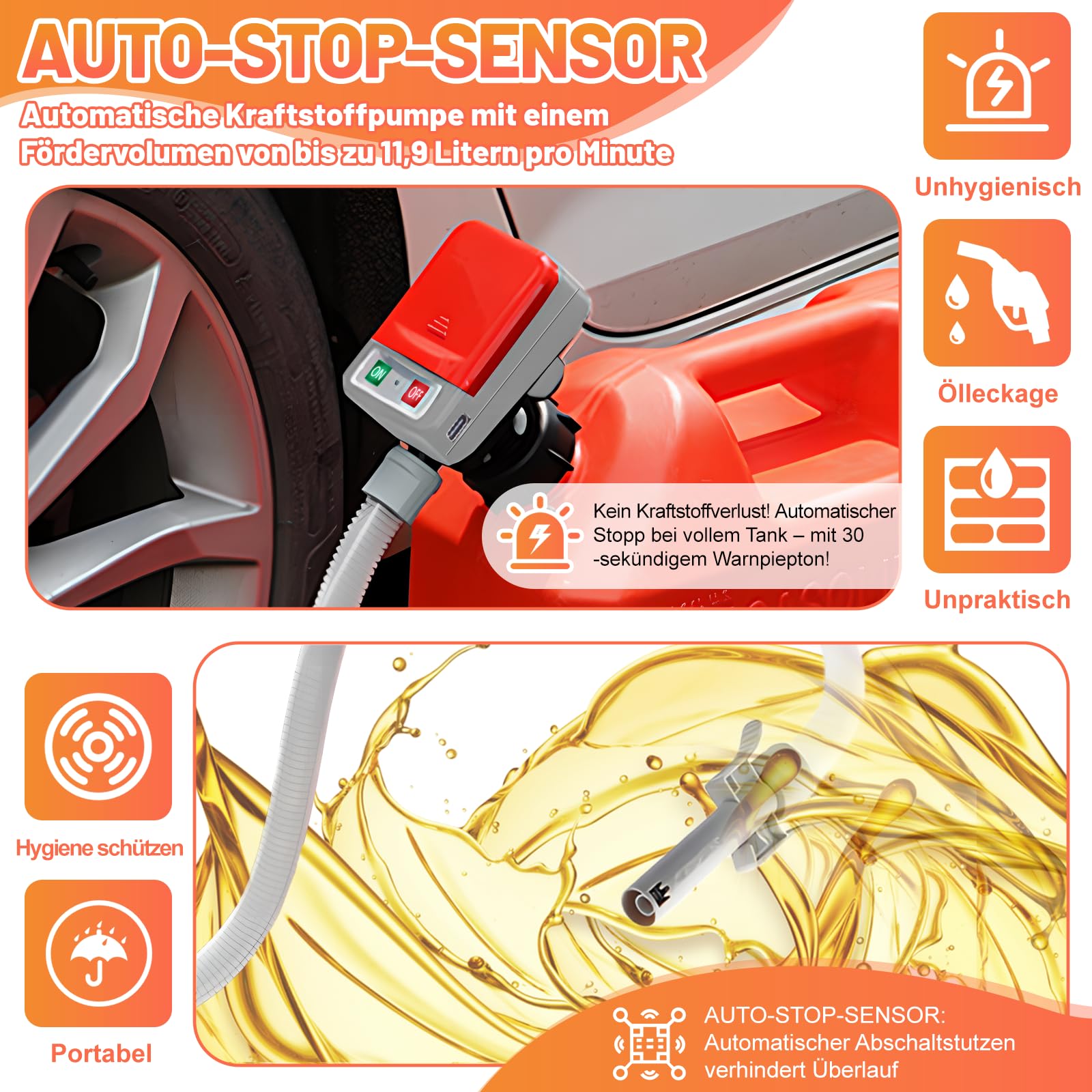 Pompe de transfert de carburant avec capteur d'arrêt automatique, pompe à essence électrique avec adaptateur de réservoir 4 tailles