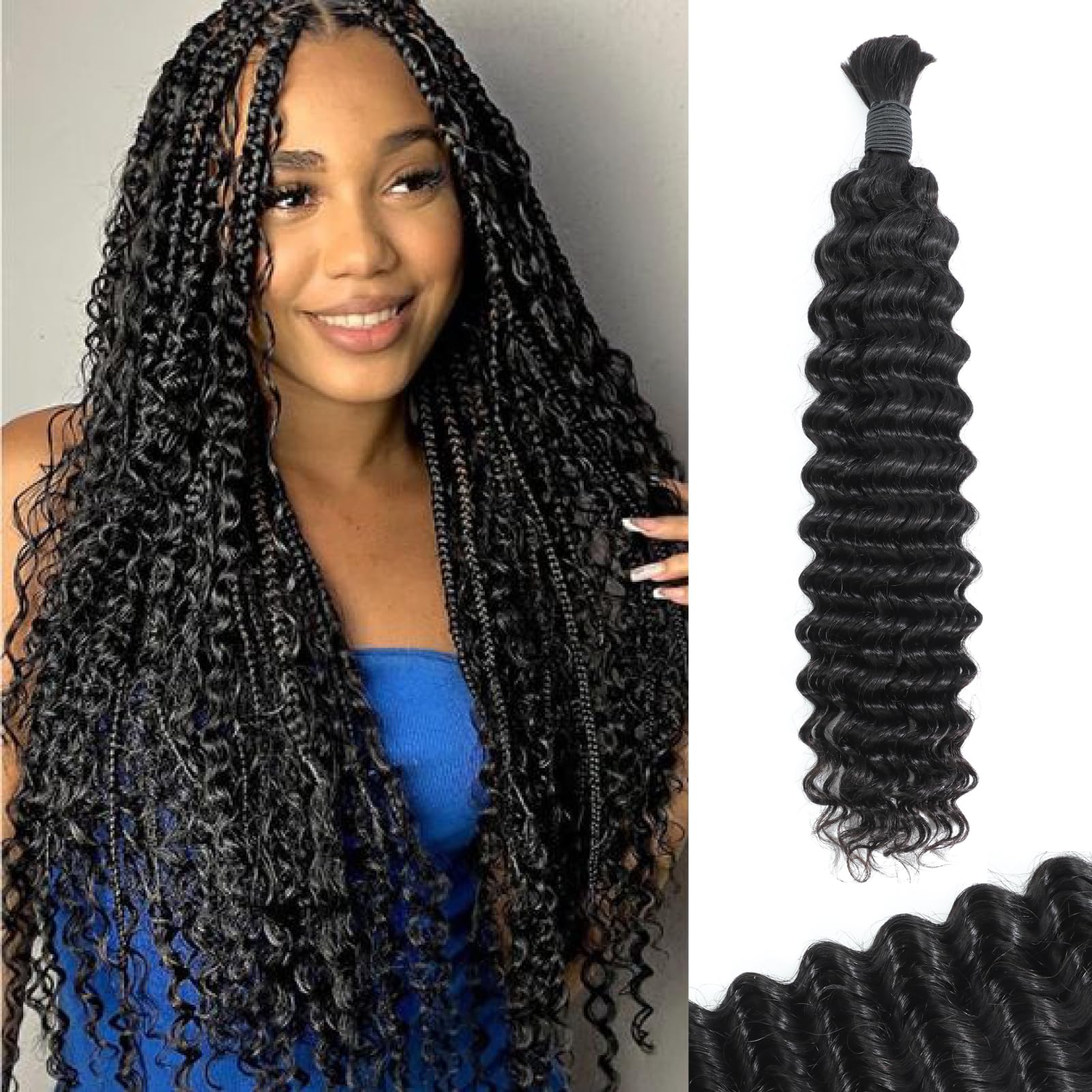 Humistwbiu Human Braiding Hair 1 Bundle 100g Deep Wave Bulk Human Hair for Braiding No Weft 10A Brazilian Virgin Curly Human Hair Extensions for Boho Braids Human Hair Braiding Hair (1B-18 Inch)