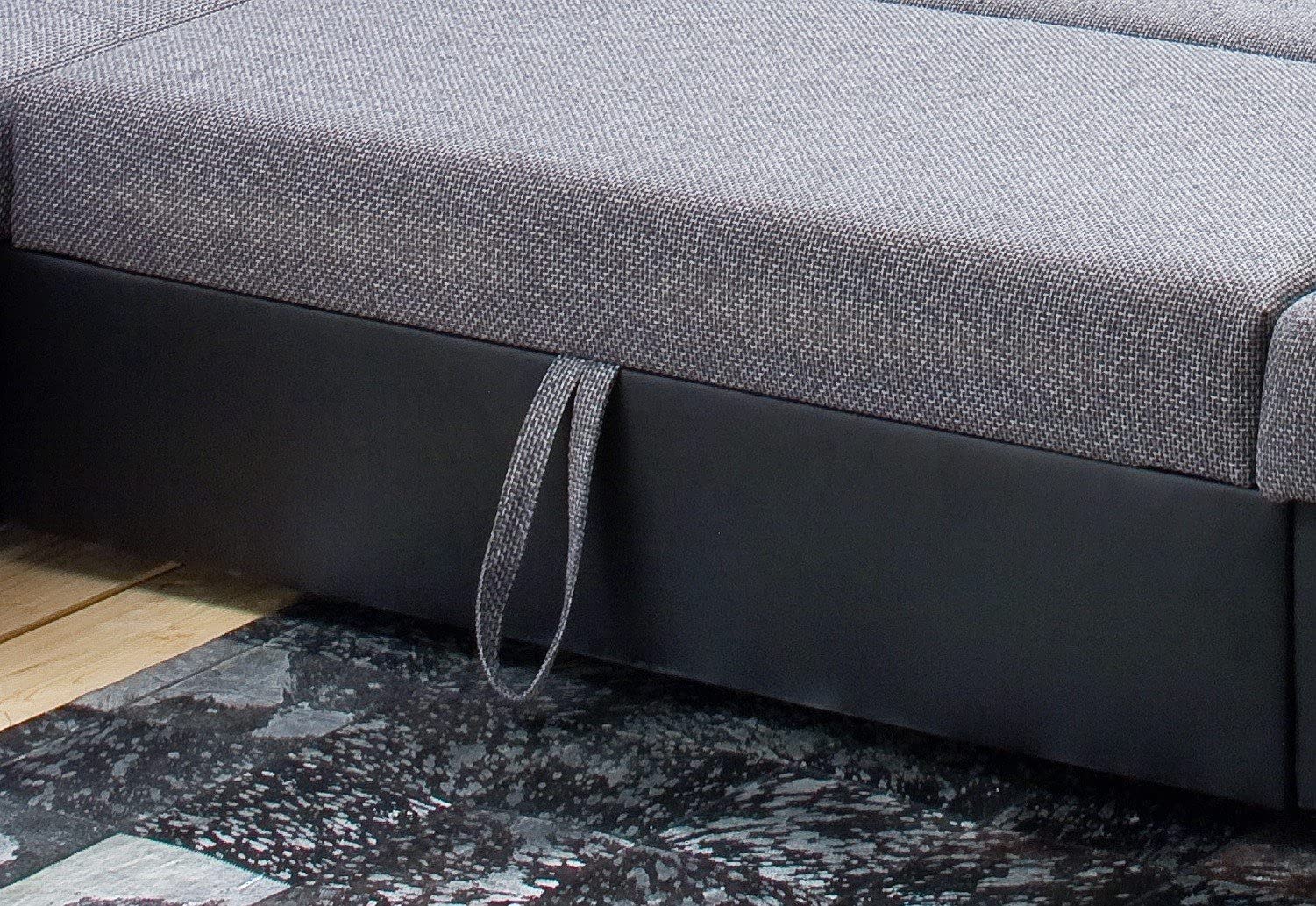 AVANTI TRENDSTORE - Merlin - Divano ad angolo con funzione letto e cassettone integrato in microfibra, nero/grigio, Penisola lunga ordinabile a sinistra o a destra (Penisola sinistra)