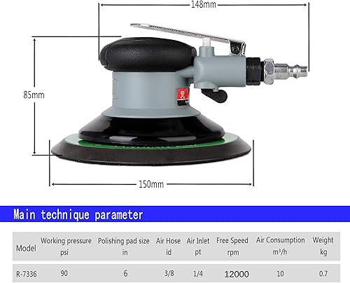 Vista 2 de Lijadora de palma orbital al azar de aire profesional de 6 ", excentricidad de 0.118 in de doble acción lijadora neumática Pro herramientas