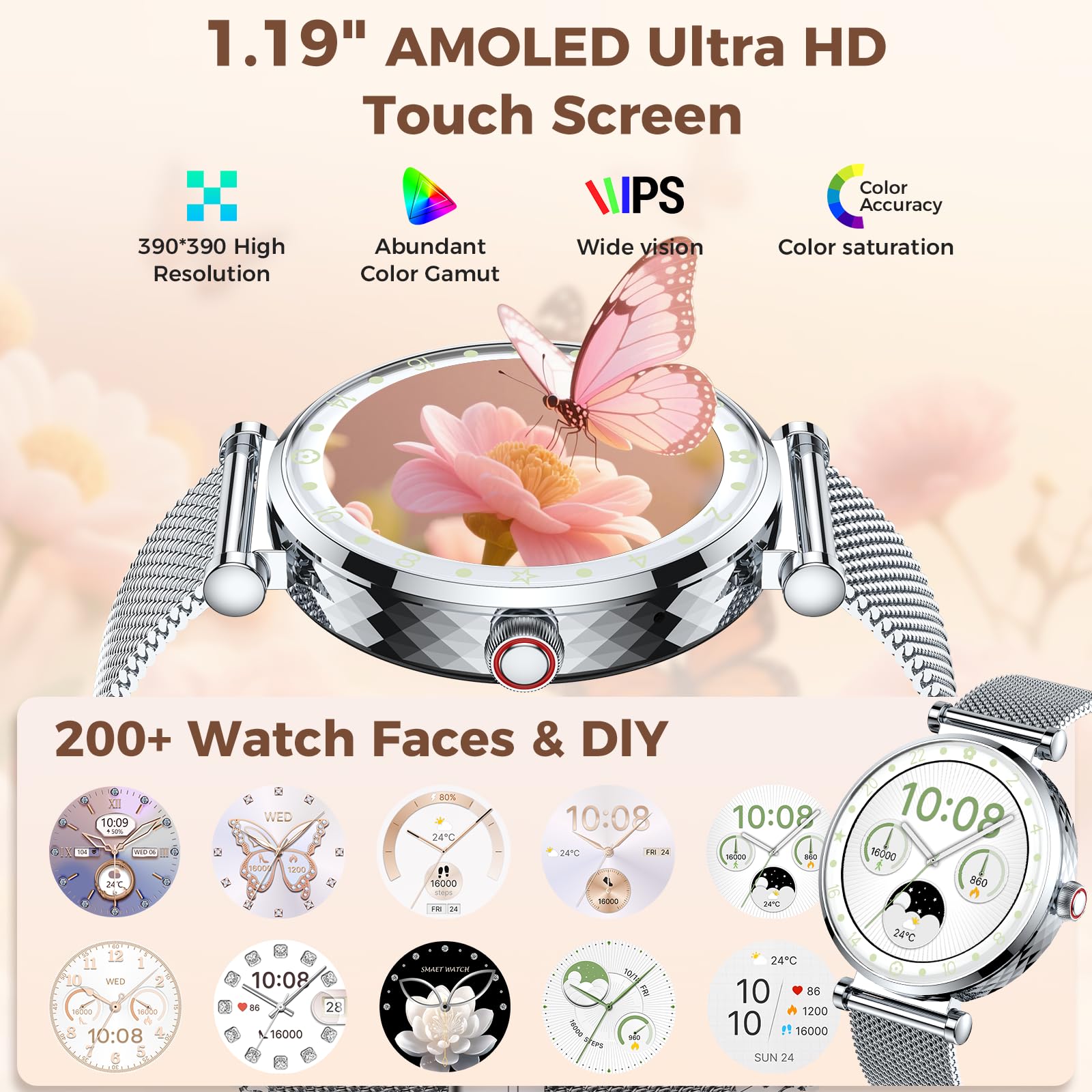 Matast Montre Connectée Femme Appel Bluetooth 1.19" AMOLED Smartwatch Santé Cycle Menstruel SpO2 Suivi Sommeil 110+ Modes Sport IP68 Étanche