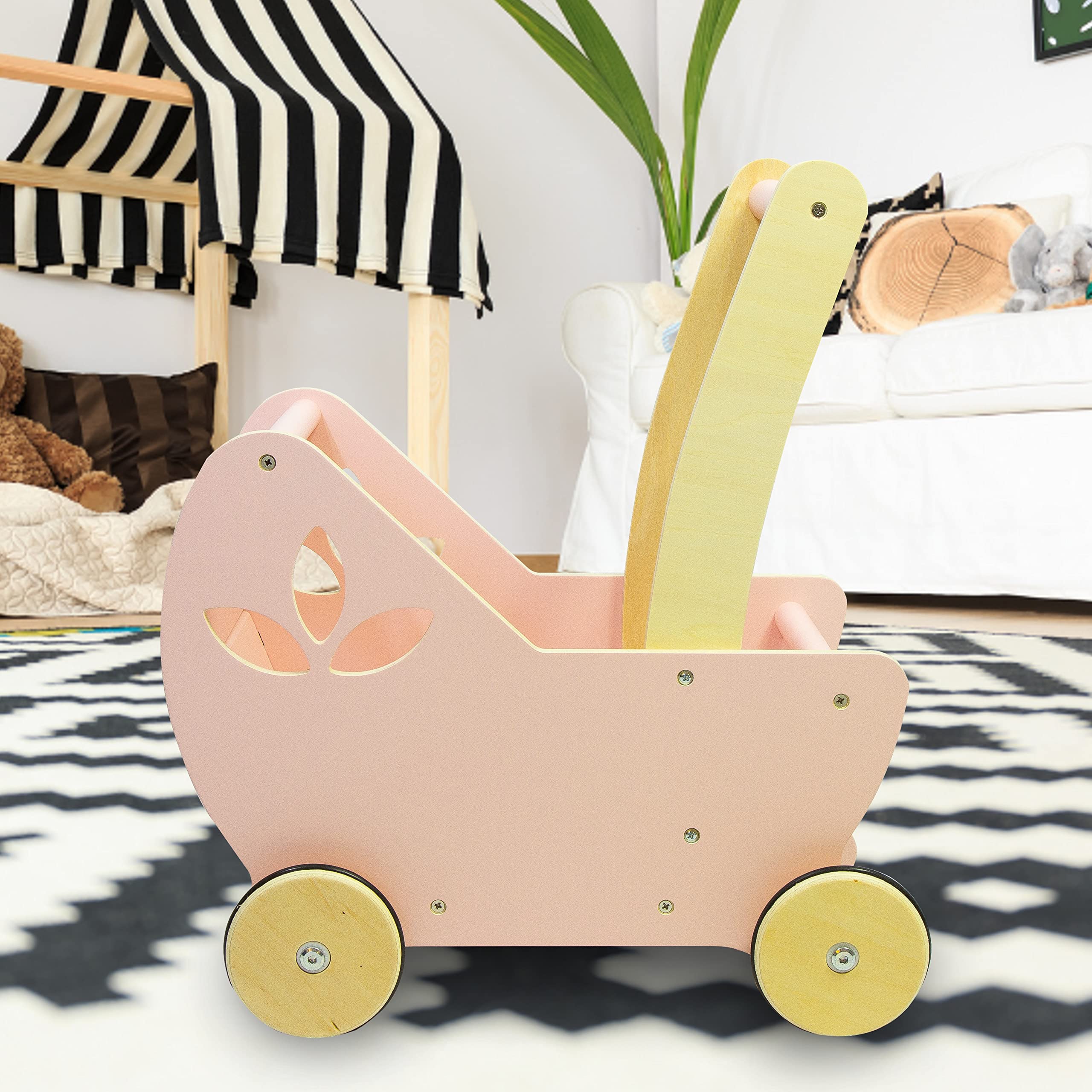 Leonora 2 in1 Danish Wooden Pram Walker - Pink Doll Stroller -Push & Pull Toys - Balance, Strength- Imaginative Play-12 M-1st birthday gift, fit 18" American Girl Doll, Lil , Manhatton toy Baby Stella