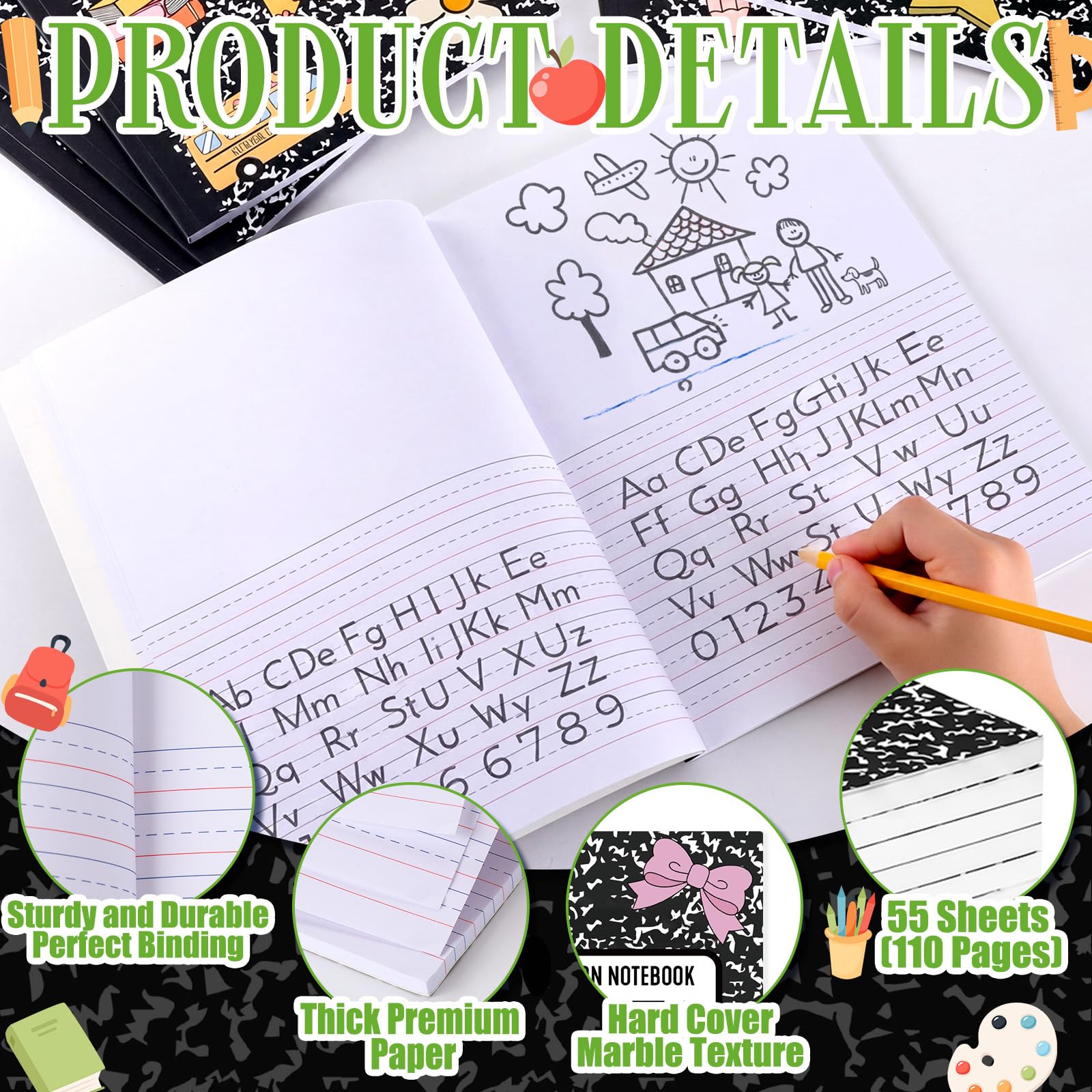 Gueevin Lot de 6 carnets de composition primaire en marbre noir avec espace photo en vrac pour les classes K-2 110 pages 21,6 x 27,9 cm Demi-journal primaire K-2 histoire de dessin pour la rentrée
