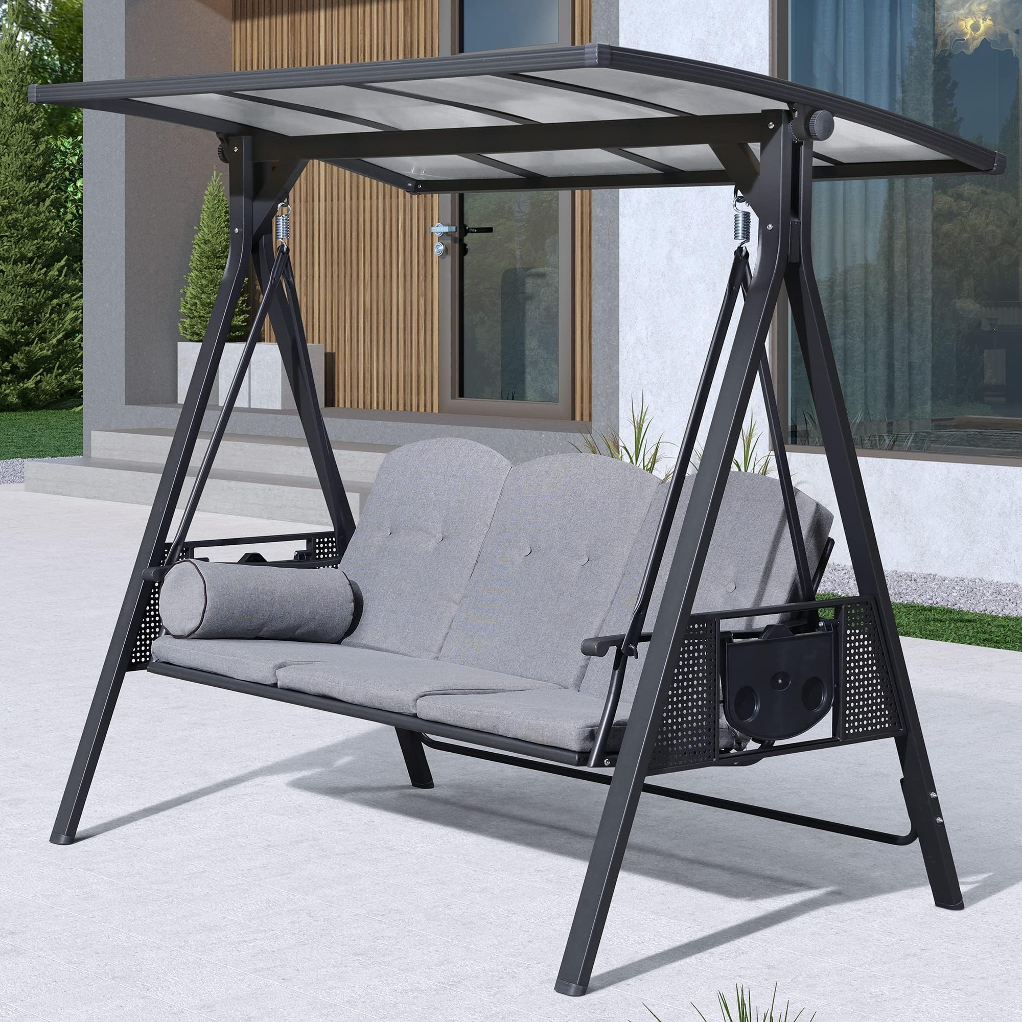 PURPLE LEAF Outdoor Patio Porch Swing with Adjustable PVC Canopy, 3-seat Swing Chair Bench with Side Cup Holder for Backyard Front Porch Lawn, Cushions and Pillow Included, Grey