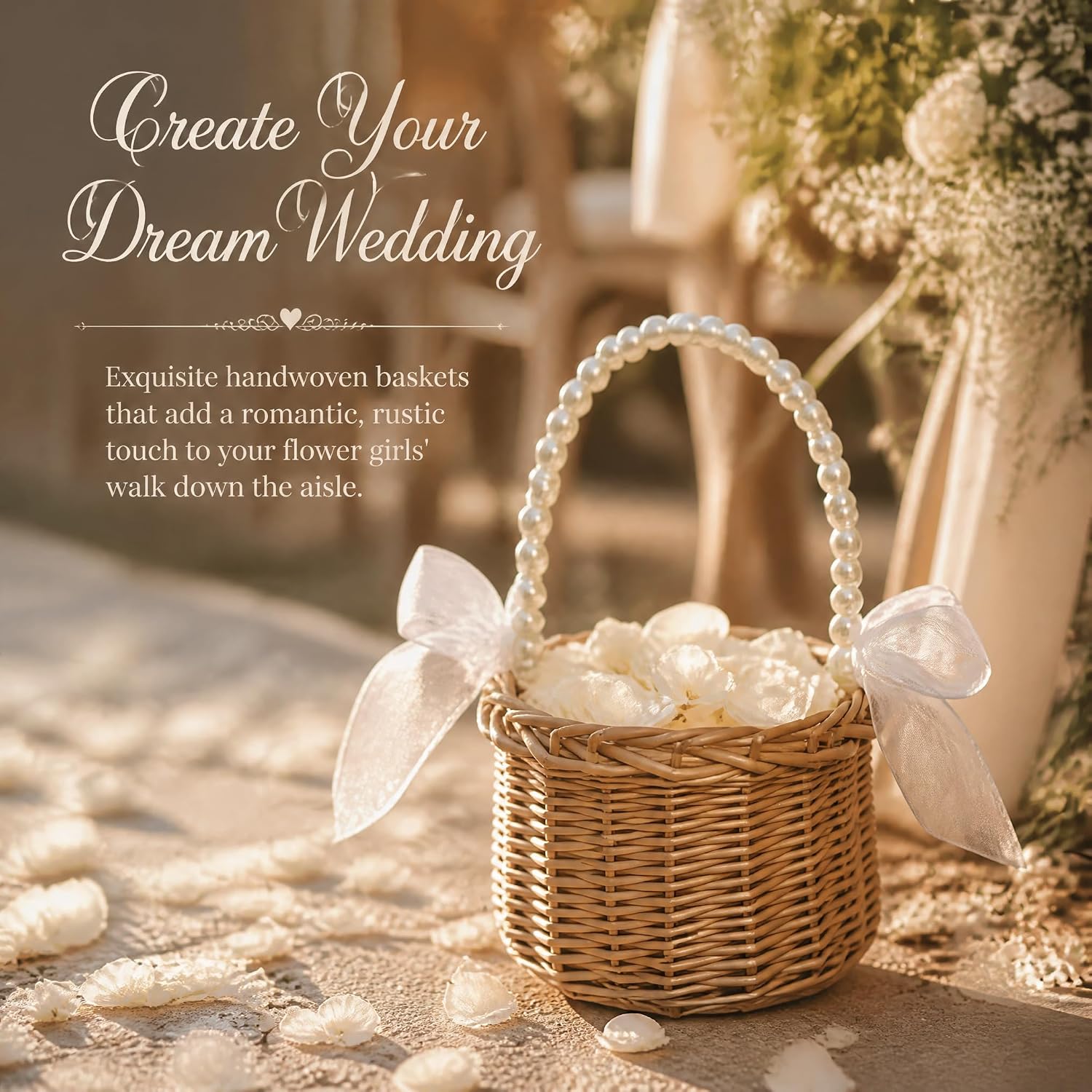 21.85-Inch Wicker Baby Carriage, 6-Piece Set with 5 Flower Baskets | Pearl-handle baskets create coordinated flower girl, aisle and table displays for weddings, receptions and baby showers.