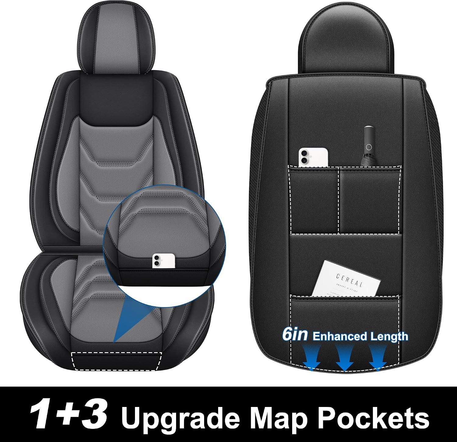 Seat Covers Compatible with 2024 2025 2026 Toyota Tacoma Double Crew Cab Waterproof Leather Seat Protectors for Trucks (5pc Full Set, Black&Grey)