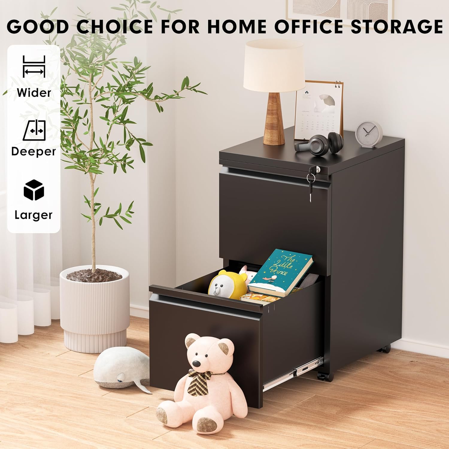 Pataku 2 Drawer File Cabinet, Small File Cabinets with Lock, Metal Rolling Filing Cabinet with 2 Drawer, Filing Cabinets for Home Office Fit A4/Letter/Legal, Easy Assembled, Black