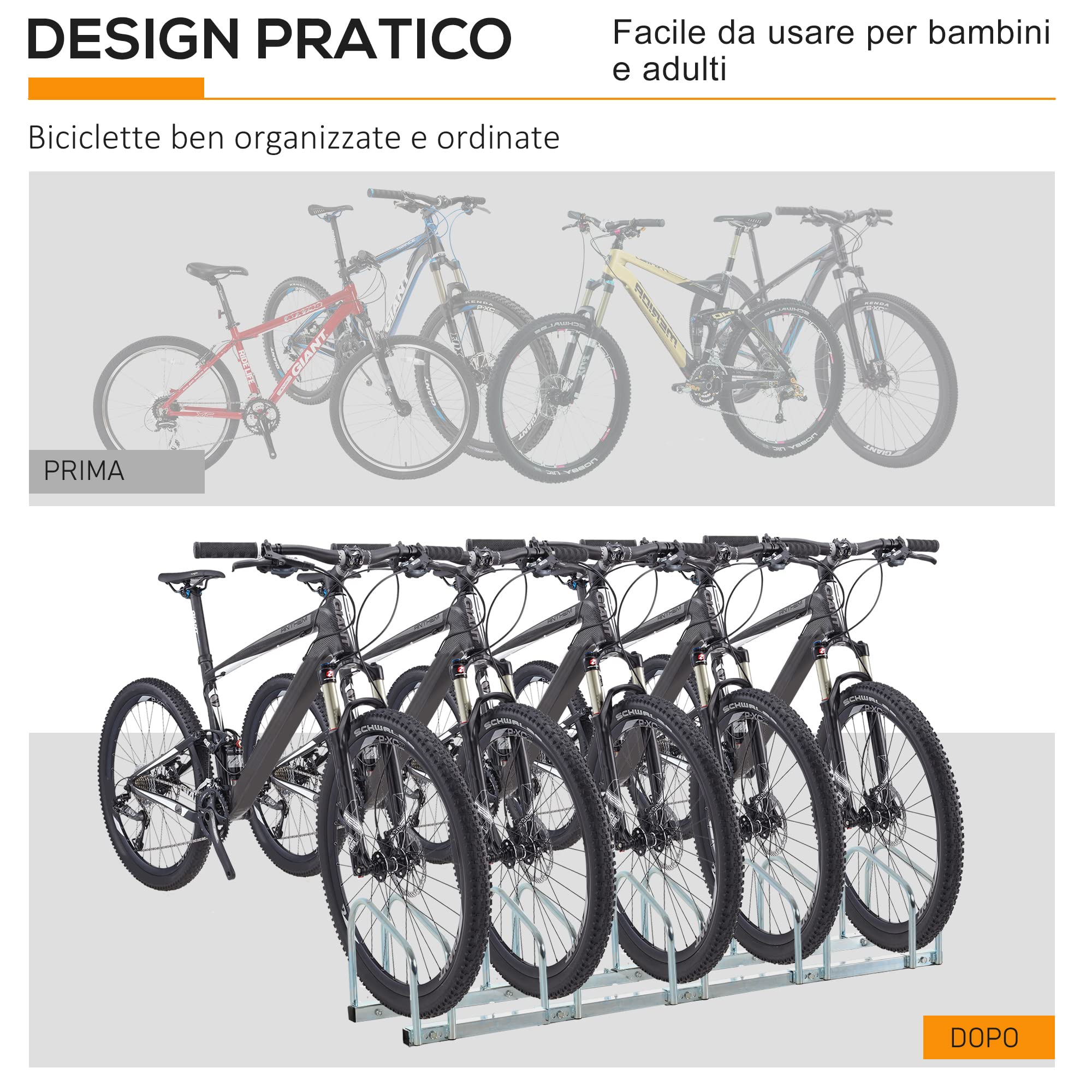 HOMCOM Rastrelliera Biciclette da Pavimento o Parete, Portabici da Terra per 5 Biciclette in Acciaio, Ruote Fino 65 mm, 145x33x27 cm, Argento