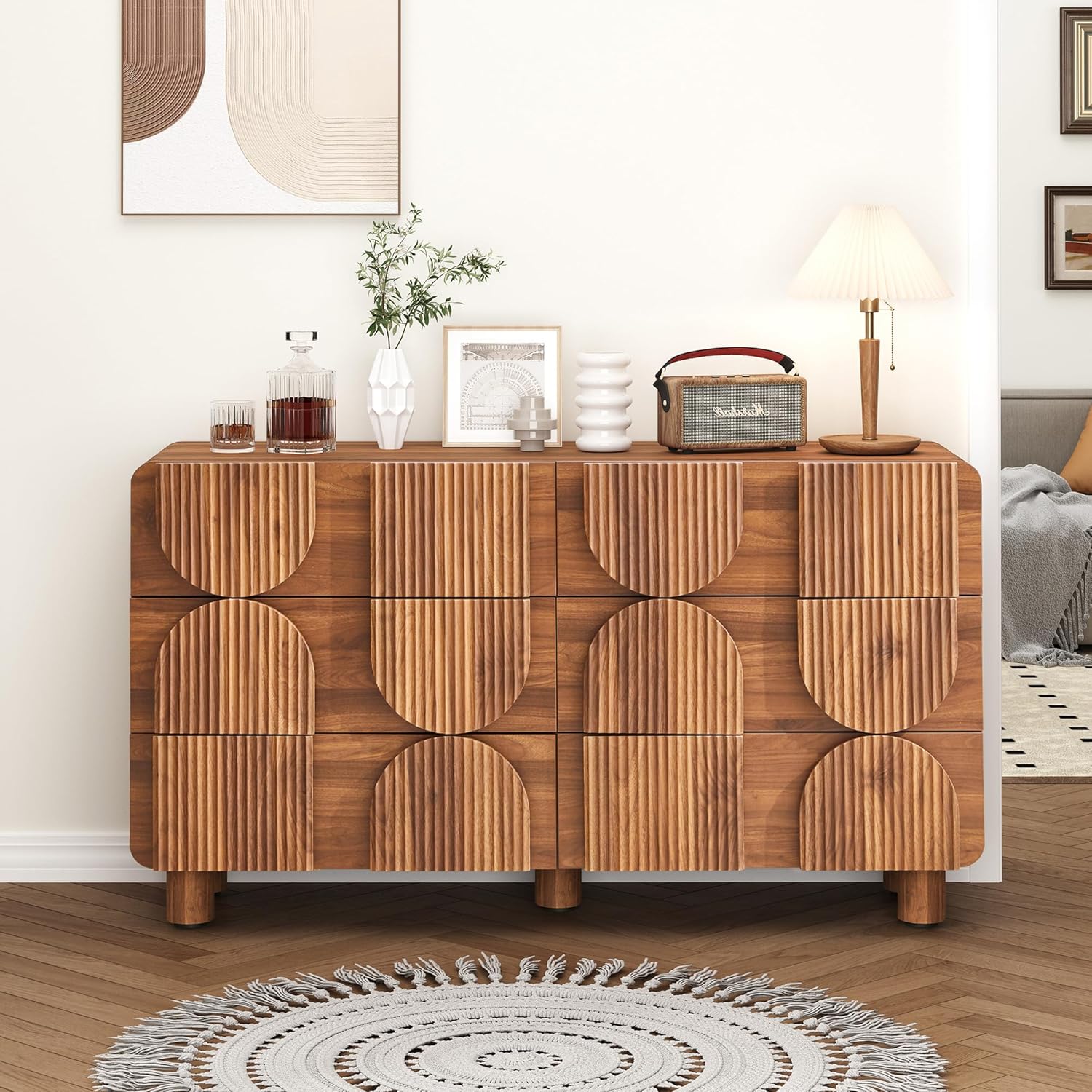 Fluted Dresser for Bedroom with 6 Drawers, 54" Wide Mid Century Modern Chest of Drawers , Wooden Curved Dresser TV Stand, Wood Closet Clothes Storage Organizer for Living Room, Hallway, Walnut