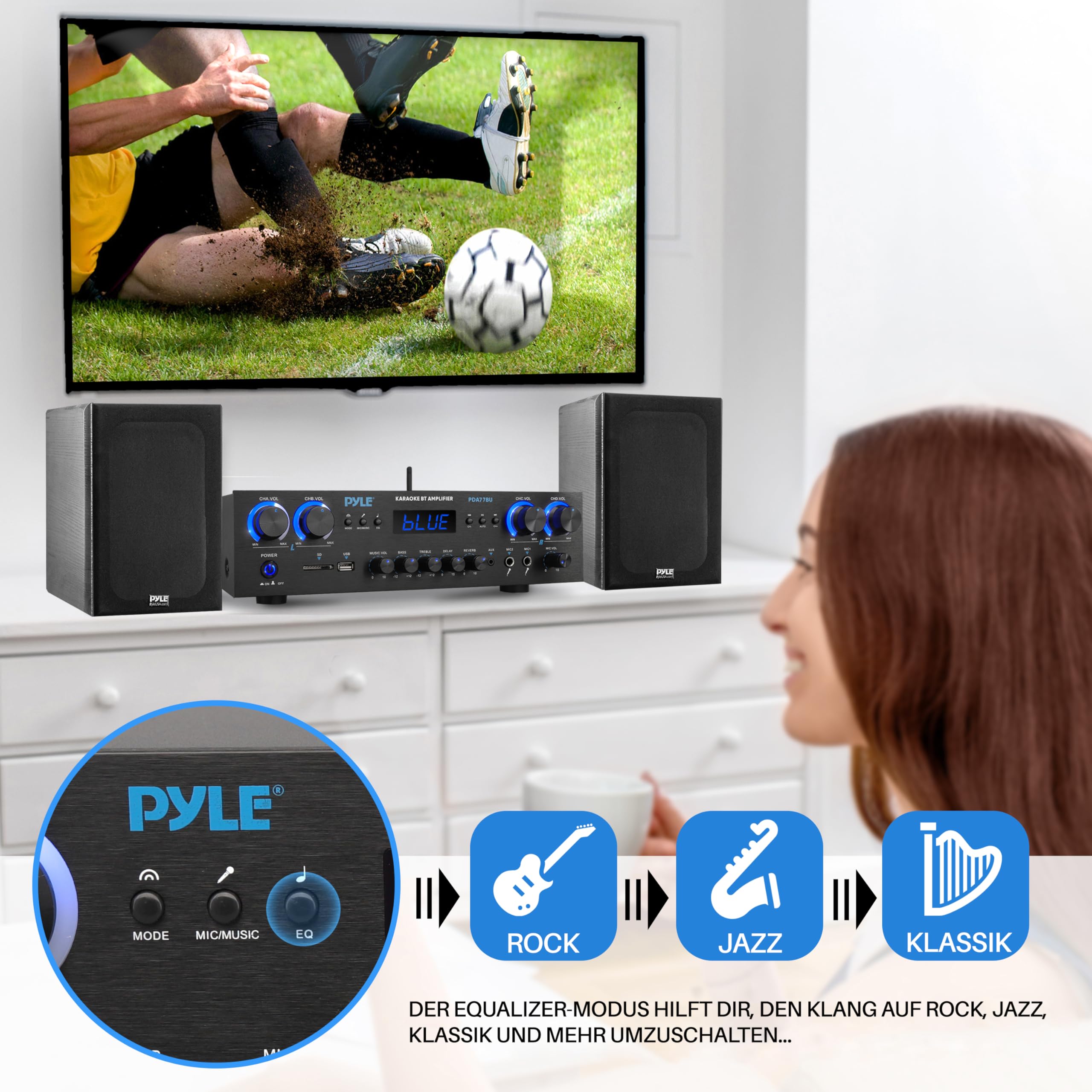 Pyle Amplifier, 800W Bluetooth Verstärker – 4-Kanal Mini Amp mit MP3, USB, AUX, SD, Mikrofon, FM, RCA, Reverb/Delay – Stereo für Heimkino, Studio & Theater, 4-Eingang-Verstärkersystem