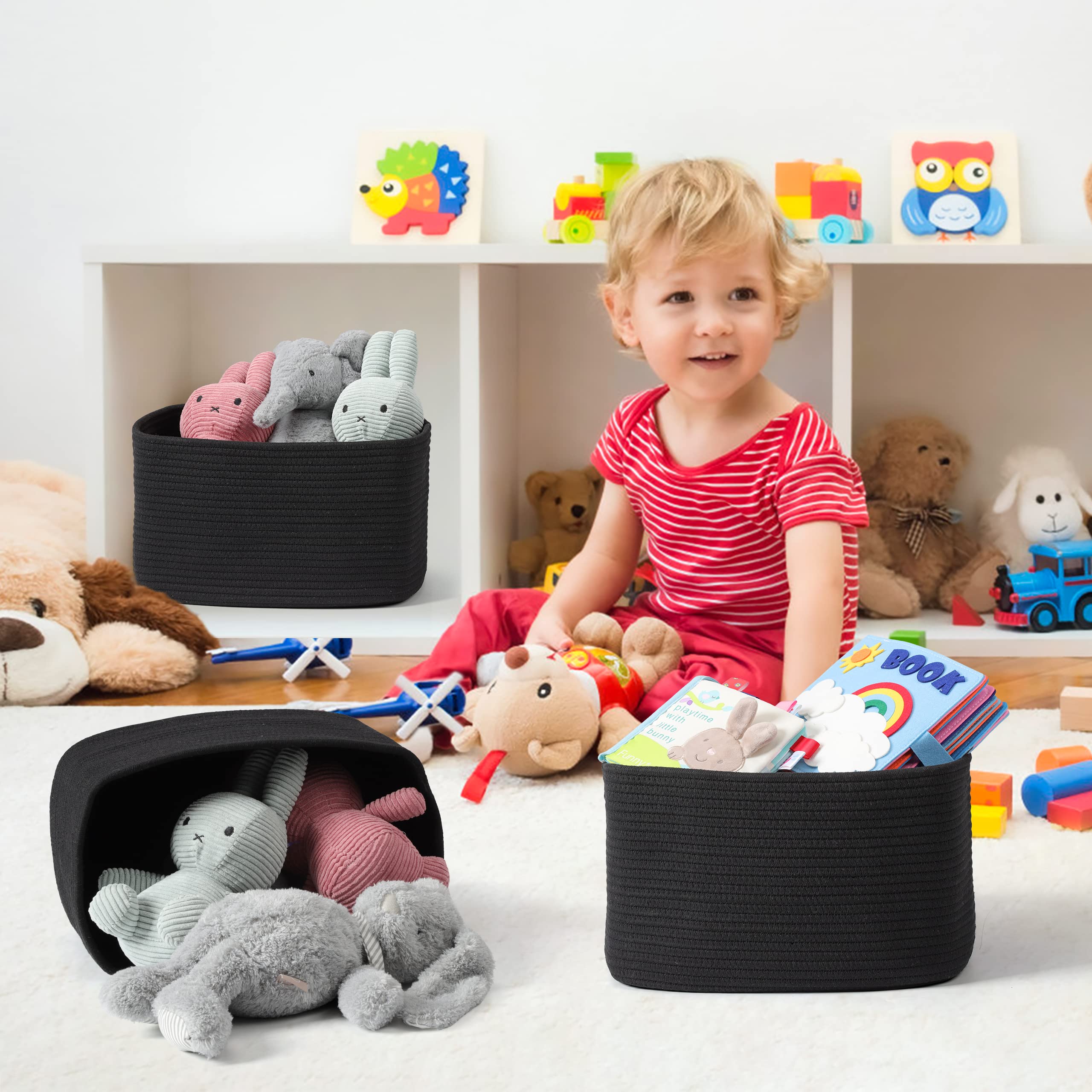 Cesta de almacenamiento rectangular, cuerda de algodón blanco, 36,8 x 24,1 x 23,6 cm, cestas decorativas para organizar estanterías, ropa, juguetes, libros y toallas, organizador trenzado, set de 3