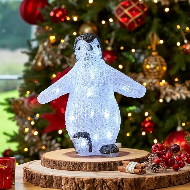 SA Products LED Acrylic Christmas Ornaments - Penguin Figure Decoration Lights for Indoor & Outdoor Use - Tree, Garden, Path, Porch Lighting - Waterproof Battery Operated Animal Lanterns - 30x28cm