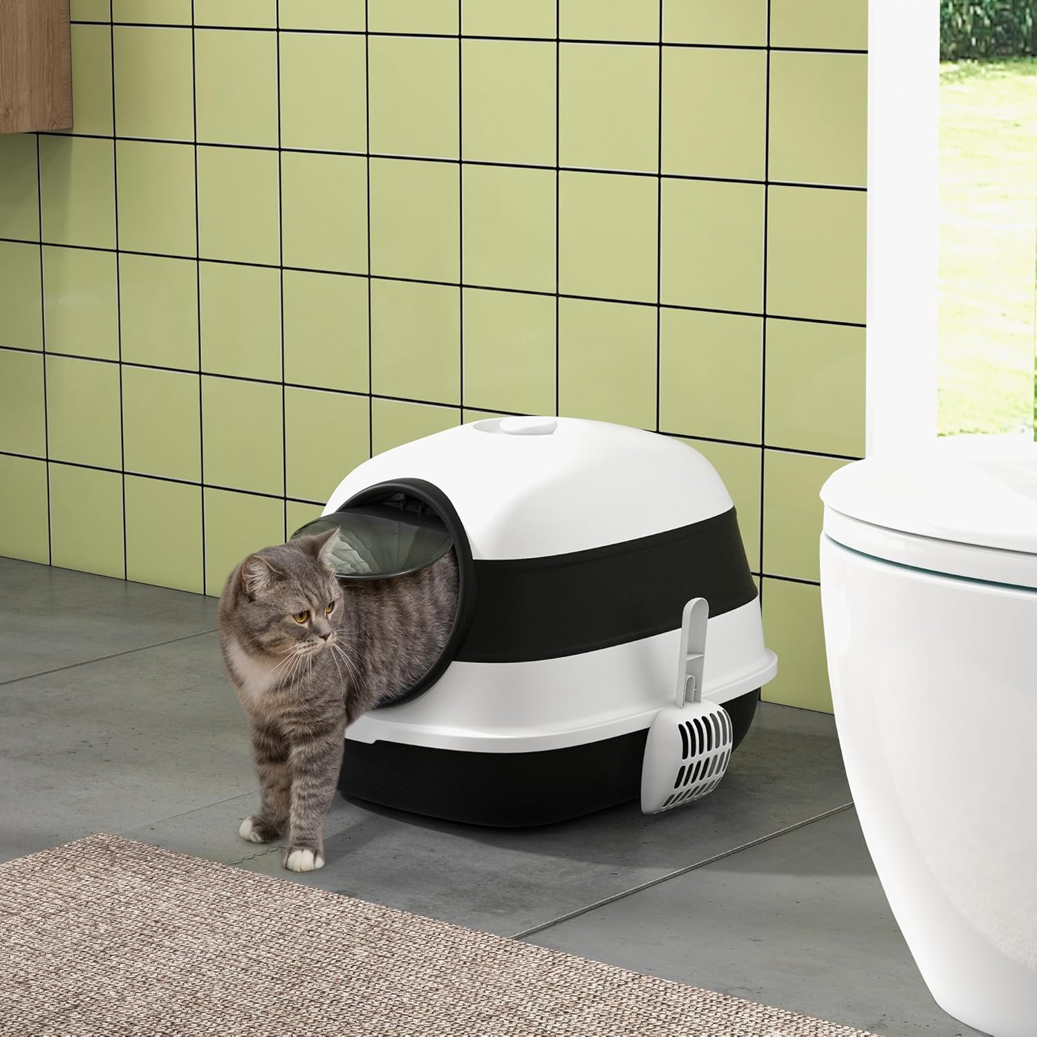 PawHut Foldable Large Cat Litter Box with Lid, Covered Kitten Litter Box w/Automatic Cat Litter-Proof Sides, Deodorization, Easy to Clean, White and Black