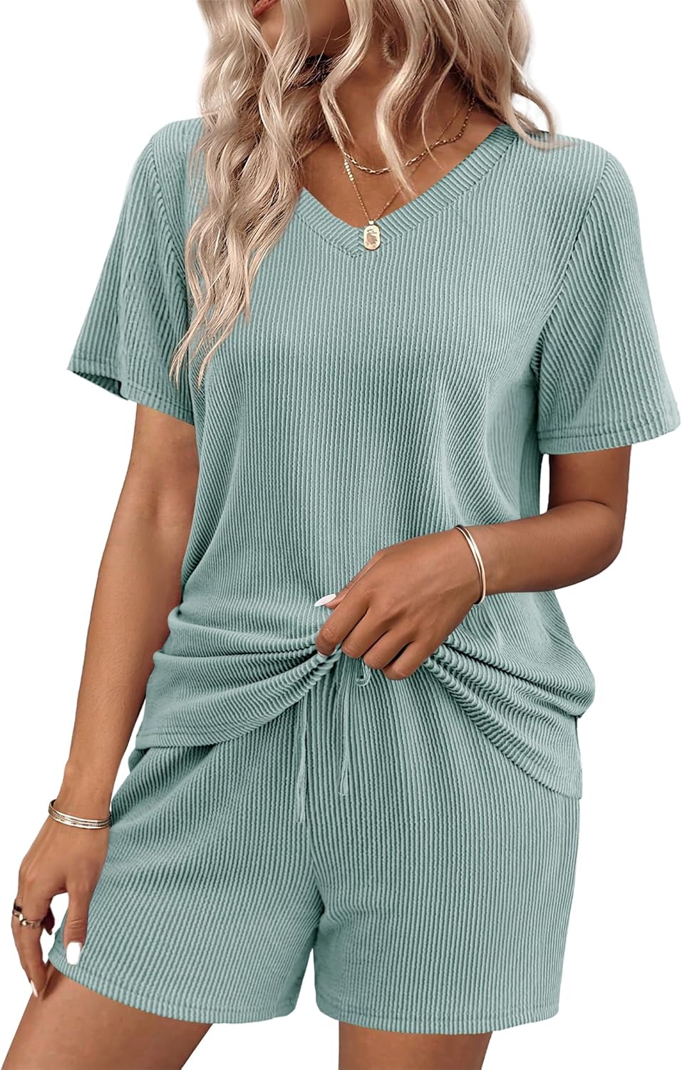 Ekouaer Womens Pajama Sets Short Sleeve Knit Lounge Set 2 Piece Pj Sets for Women V Neck Casual Loungewear