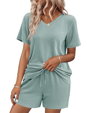 Ekouaer Womens Pajama Sets Short Sleeve Knit Lounge Set 2 Piece Pj Sets for Women V Neck Casual