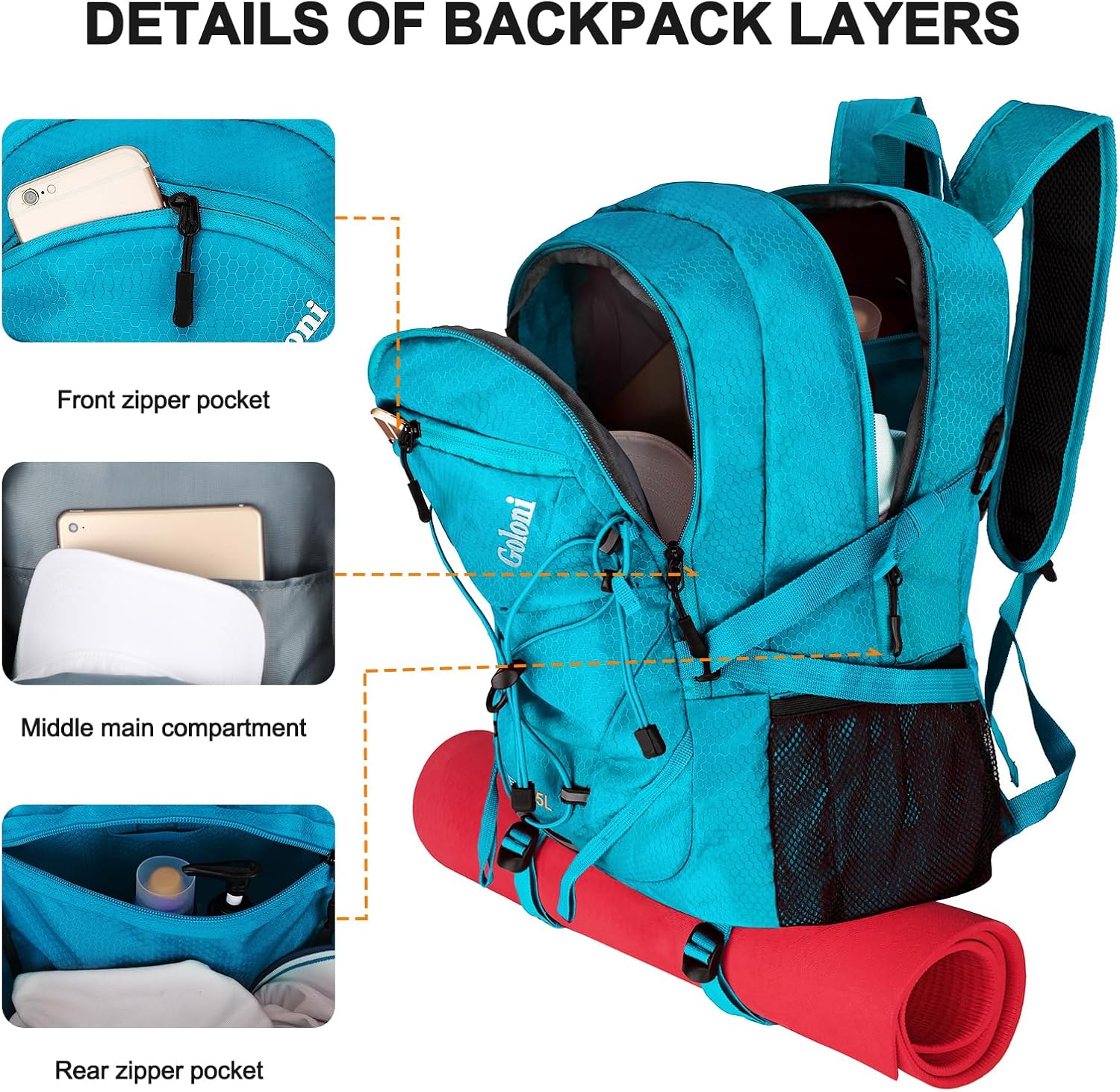 45L Hiking Backpack with Rain Cover, Lightweight Foldable Camping Backpack for Trekking, Water-Resistant Daypack with Hiking Pole & Mat Carrying System,Blue - Image 6