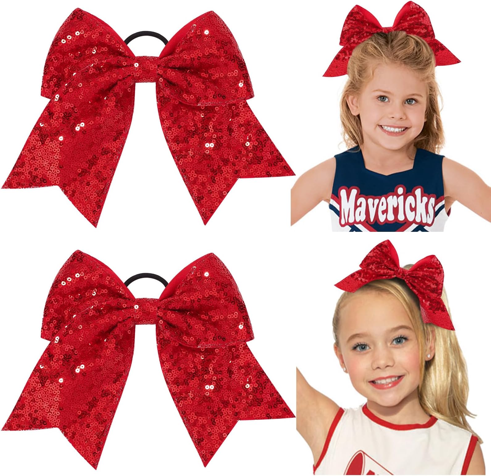 2 PCS 8 Inch Sequins Cheer Bows Large Glitter Cheer Hair Bows Ponytail Holders Cheerleading Bows Elastic Hair Ties Handmade for Cheerleaders Teen Girls College School Sports (Sequin-Red)