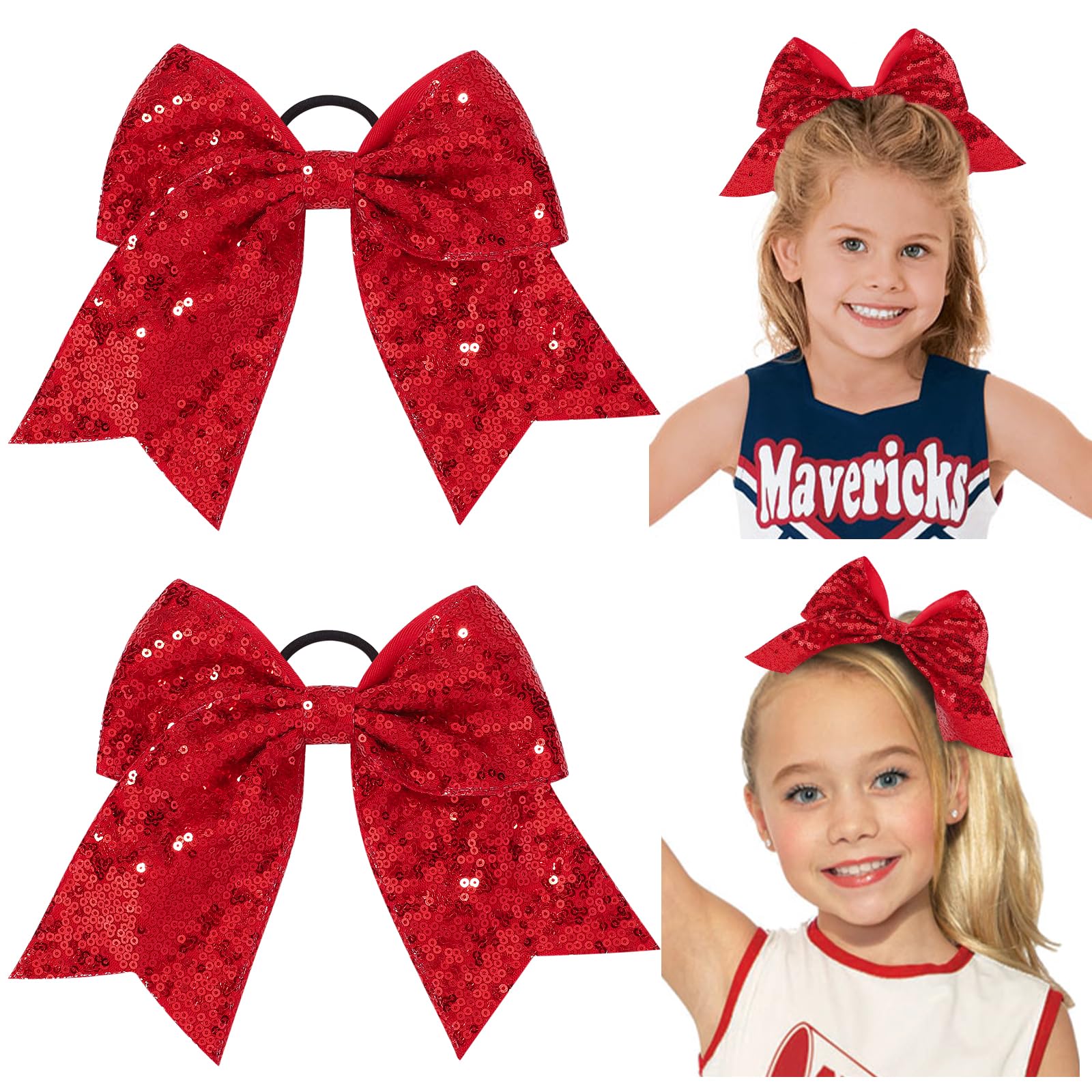 2 PCS 8 Inch Sequins Cheer Bows Large Glitter Cheer Hair Bows Ponytail Holders Cheerleading Bows Elastic Hair Ties Handmade for Cheerleaders Teen Girls College School Sports (Sequin-Red)