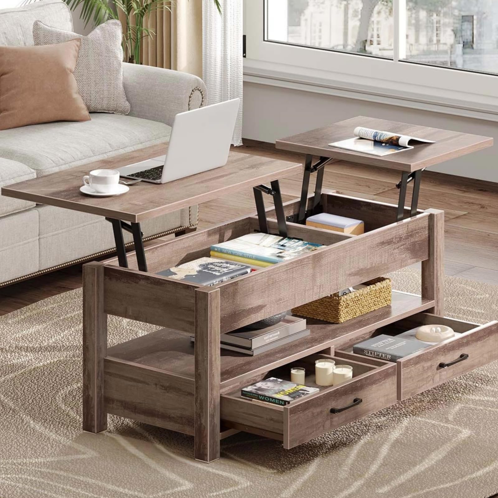 Rolanstar Couchtisch Höhenverstellbar, Couchtisch Holz mit Stauraum, Wohnzimmertisch Höhenverstellbar, Tisch Wohnzimmer mit Schublade