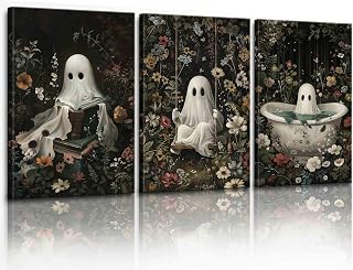 3 Piece Funny Ghosthalloween Funny Ghost Wall Art, Vintage Halloween Posters Prints, Flower Bush Ghost Decor, Swing Reading Bathroom Living Room Bedroom Posters Dark Academy Paintings Picture 12x16x3 Unframed