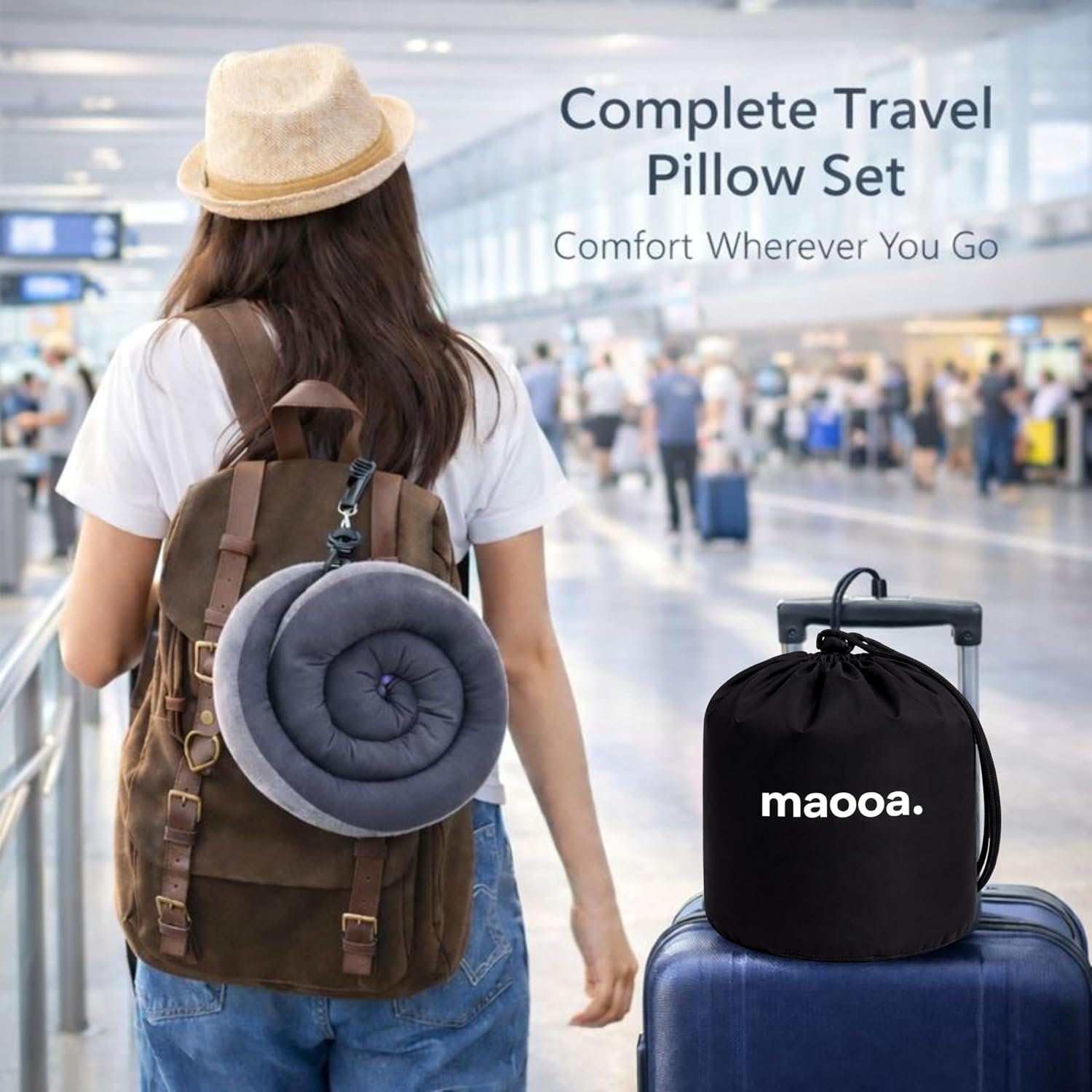 Travel Pillow with Eye Mask Earplugs Kit set, Memory Foam Neck Pillow with 360 Support, Stuffable Travel Pillow with Bag, Office Nap Kit, Luggage Saver Fillable Pillow, Best for Car, Flight, Train