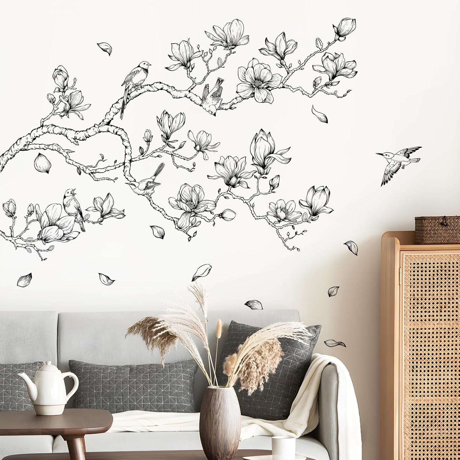 Supzopne Vintage Magnolia Tree Branch Wall Decal - Sketch Black Flower Birds Vinyl Stickers for Living Room Bedroom Home Decor, 40" x 35.4" Removable Peel and Stick Simple Line Wall Art