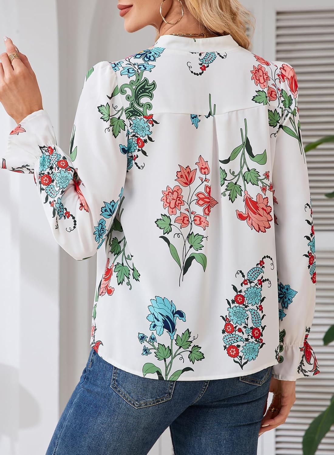SHEWIN Women's Blouses Casual V Neck Long Sleeve Floral Print Chiffon Crochet Trim Tops Shirts - Image 4