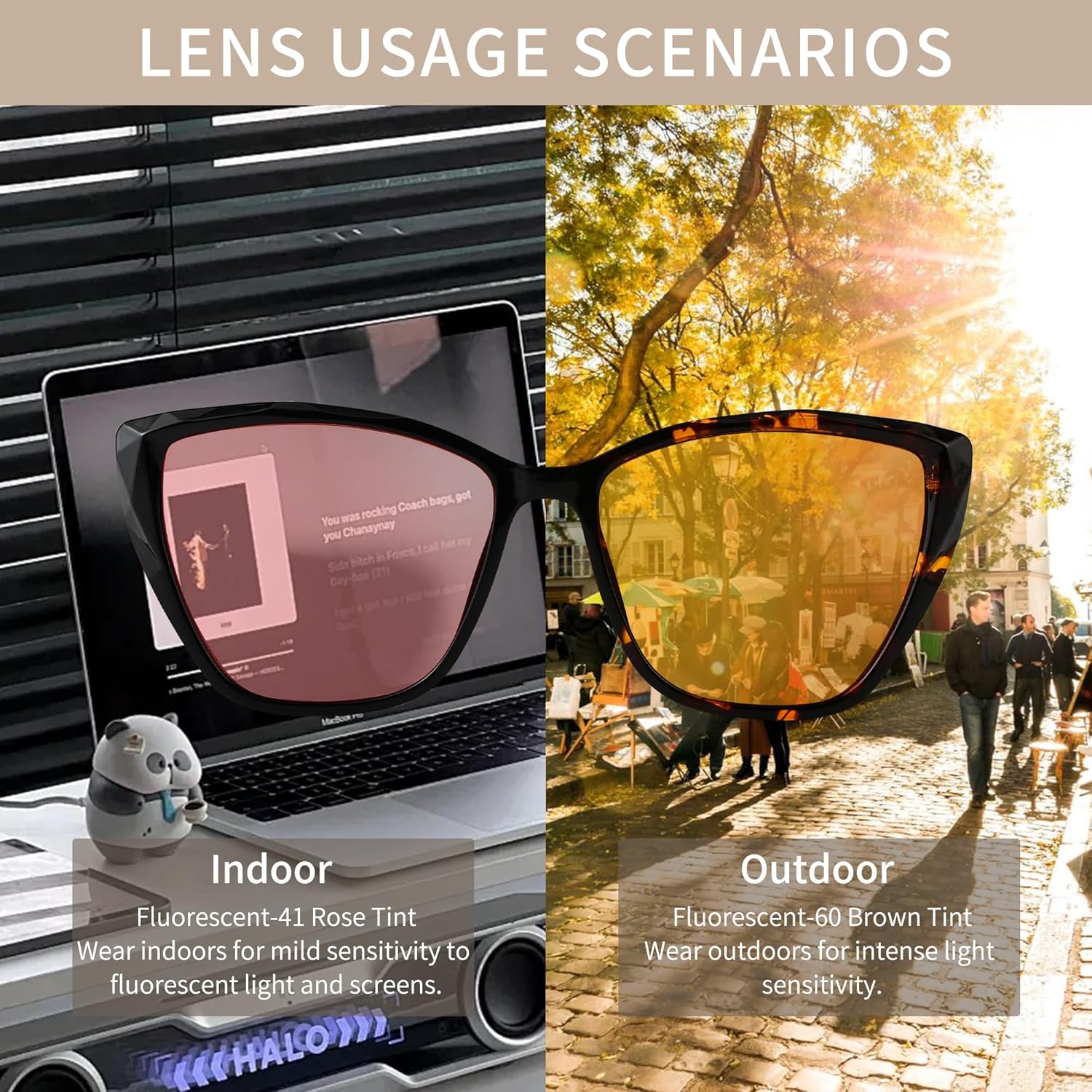 Indoor Fluorescent-41 Pink & Outdoor Fluorescent-60 Brown Tinted Blue Light Blocking Glasses Cat Eye Migraine Light Sensitivity Computer Glasses Photophobia Fluorescent LED Glare Women AB3304