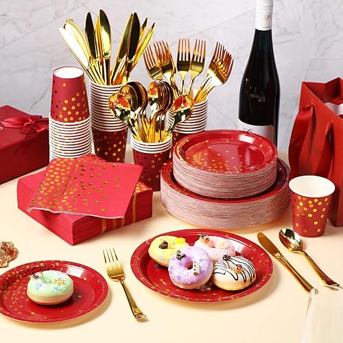 Miniatura 10 de Sieral 560 piezas de suministros de fiesta rojos y dorados para 80 invitados, platos desechables de papel rojo, servilletas, vasos, tenedores de