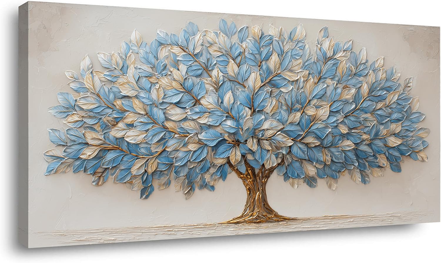 Blue Tree of Life Canvas Wall Art Nature Blue Gold Leaf Abstract Tree Canvas Painting Textured Pictures, Modern Large Panoramic Landscape Ready for Living Room Bedroom Office Home Décor 40L" x 20W"
