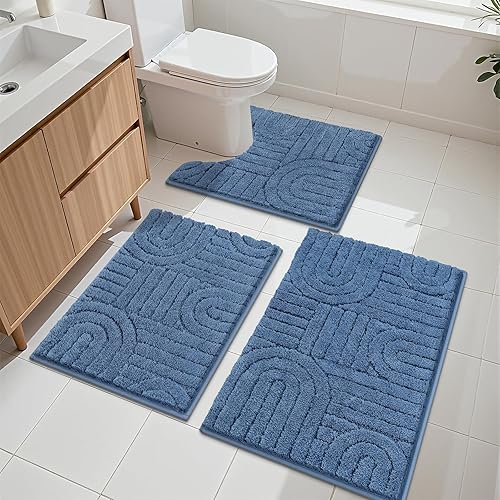 Miniatura 13 de Vaukki Juego de 3 tapetes de baño, antideslizantes, lavables, absorbentes con alfombra de inodoro en forma de U, tapetes de baño de microfibra para