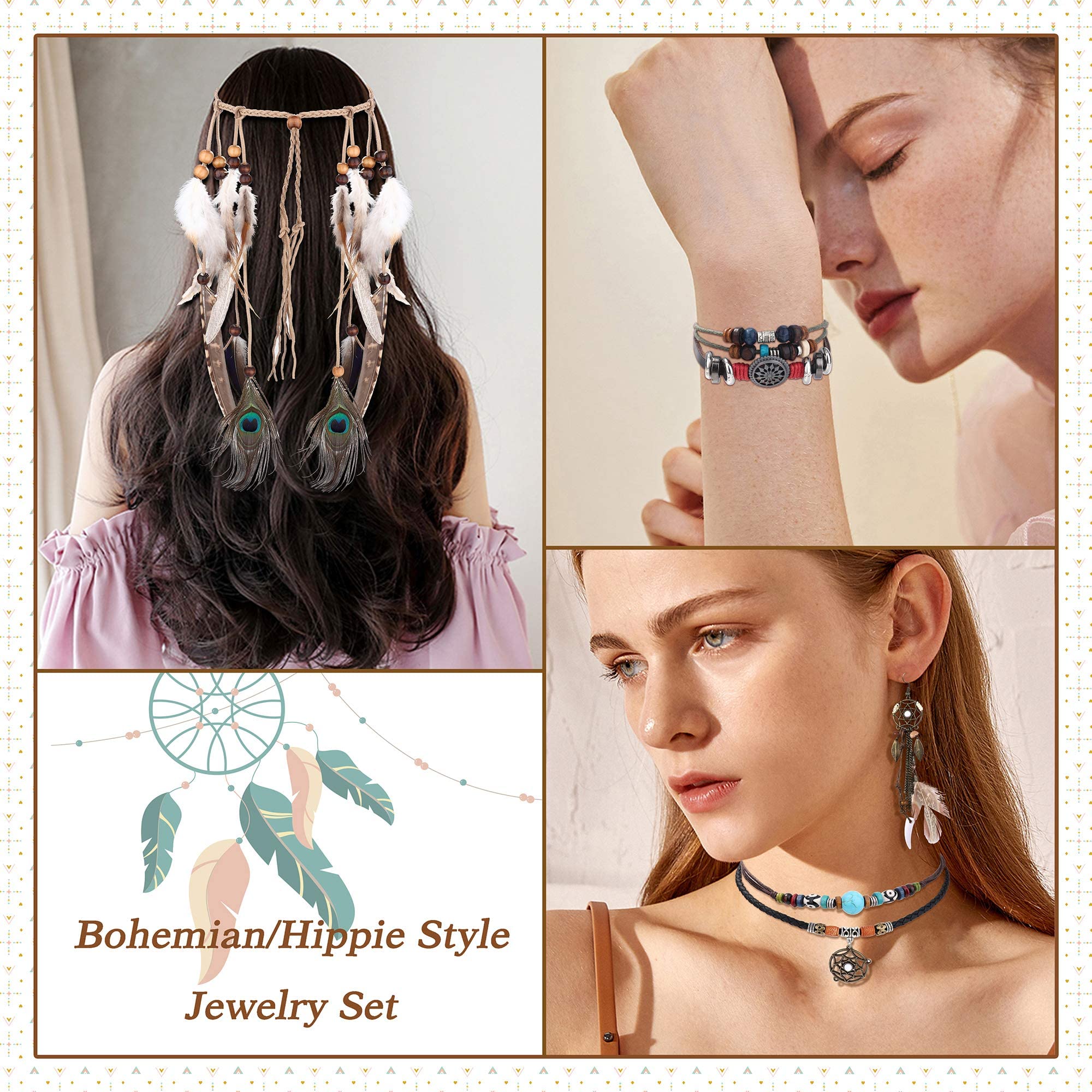 LOLIAS 4 szt. Nakrycie głowy Indian Boho Set Naszyjnik Kolczyki Skórzane Pióra Dla Kobiet Bransoletka Ręcznie Robiona Vintage Hippie Plemienny Impreza Karnawał Biżuteria