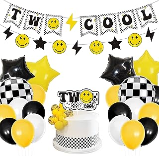 Two Cool Dude Birthday Party Decorations, Two Cool Second Birthday Banner Balloon Cake Topper for Two Year Old Happy Dude Yellow Black Lightening Checkered Party Decor