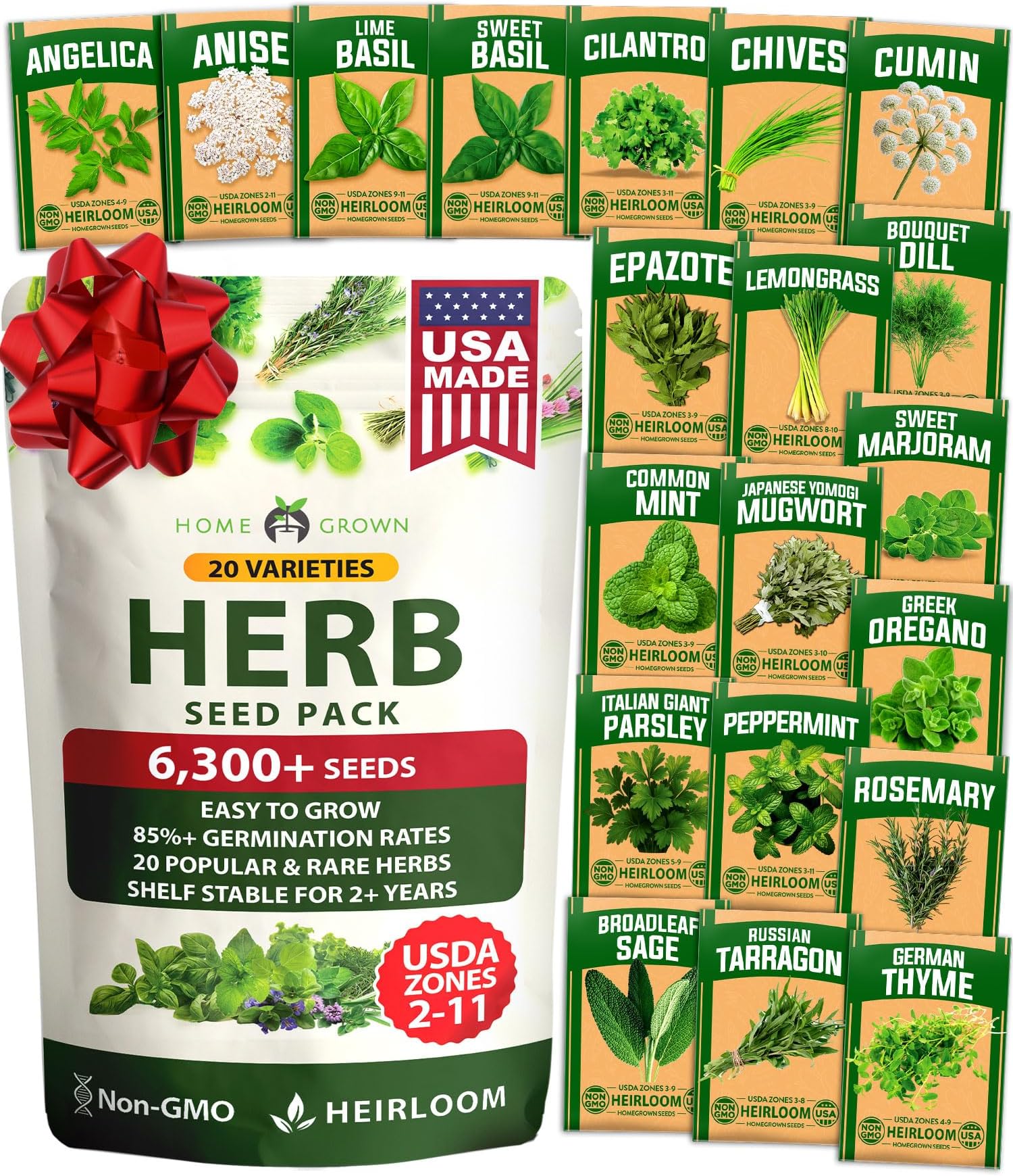 HOME GROWN Premium Herb Seeds Variety Pack - 20 Heirloom Herb Seeds for Planting - 6,000+ Non-GMO Seeds with Plant Markers - Indoor Outdoor Hydroponic Herb Garden - Culinary & Medicinal Herbs