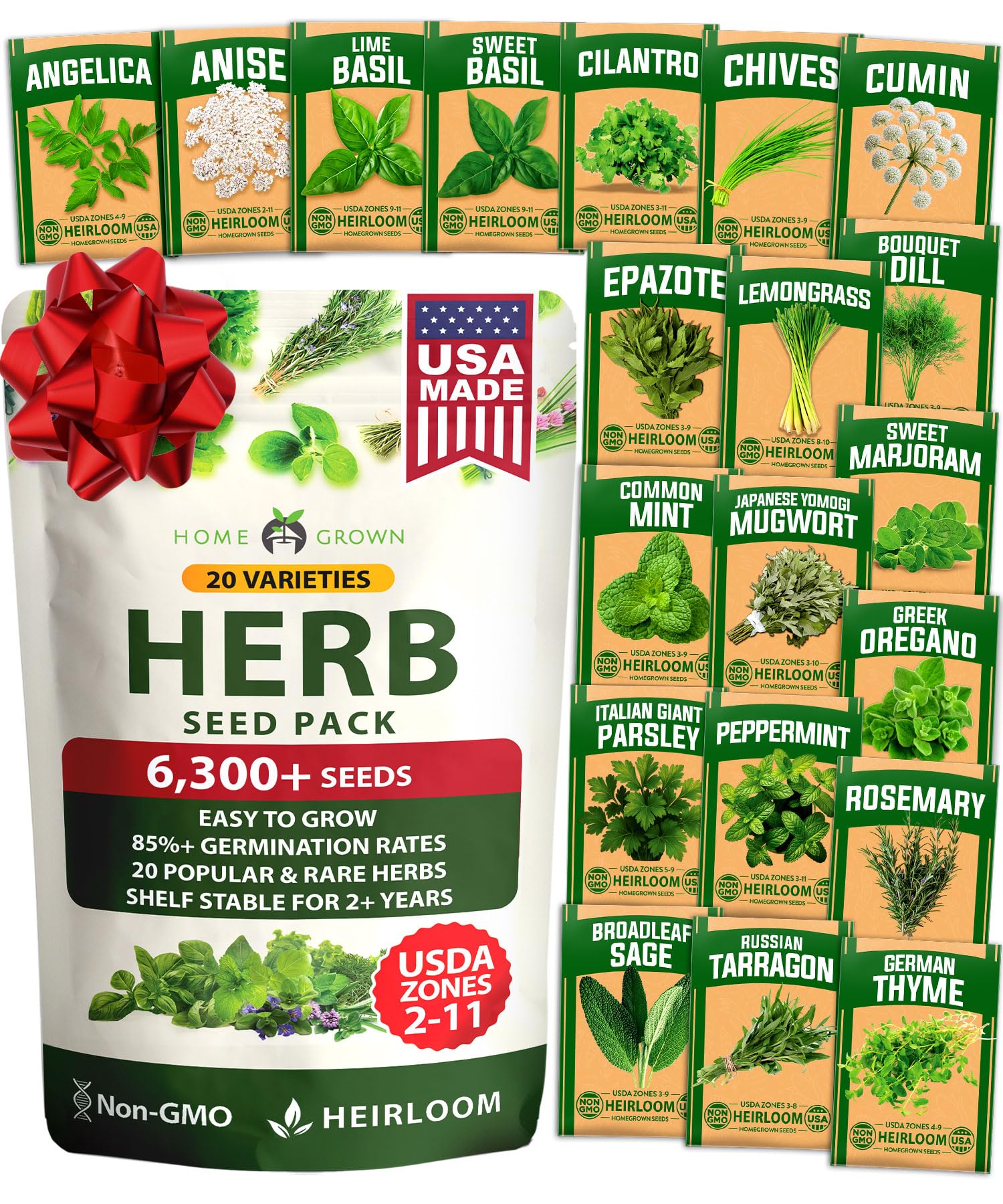 HOME GROWN Premium Herb Seeds Variety Pack - 20 Heirloom Herb Seeds for Planting - 6,000+ Non-GMO Seeds with Plant Markers - Indoor Outdoor Hydroponic Herb Garden - Culinary &amp; Medicinal Herbs