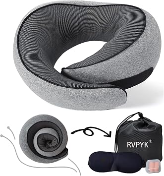 Travel Neck Pillow for Airplanes, 100% Pure Memory Foam Travel Pillow, 360 Support Ergonomic Design, Portable Airplane Pillow with Washable Cover, Perfect for Airplanes, Car & Office