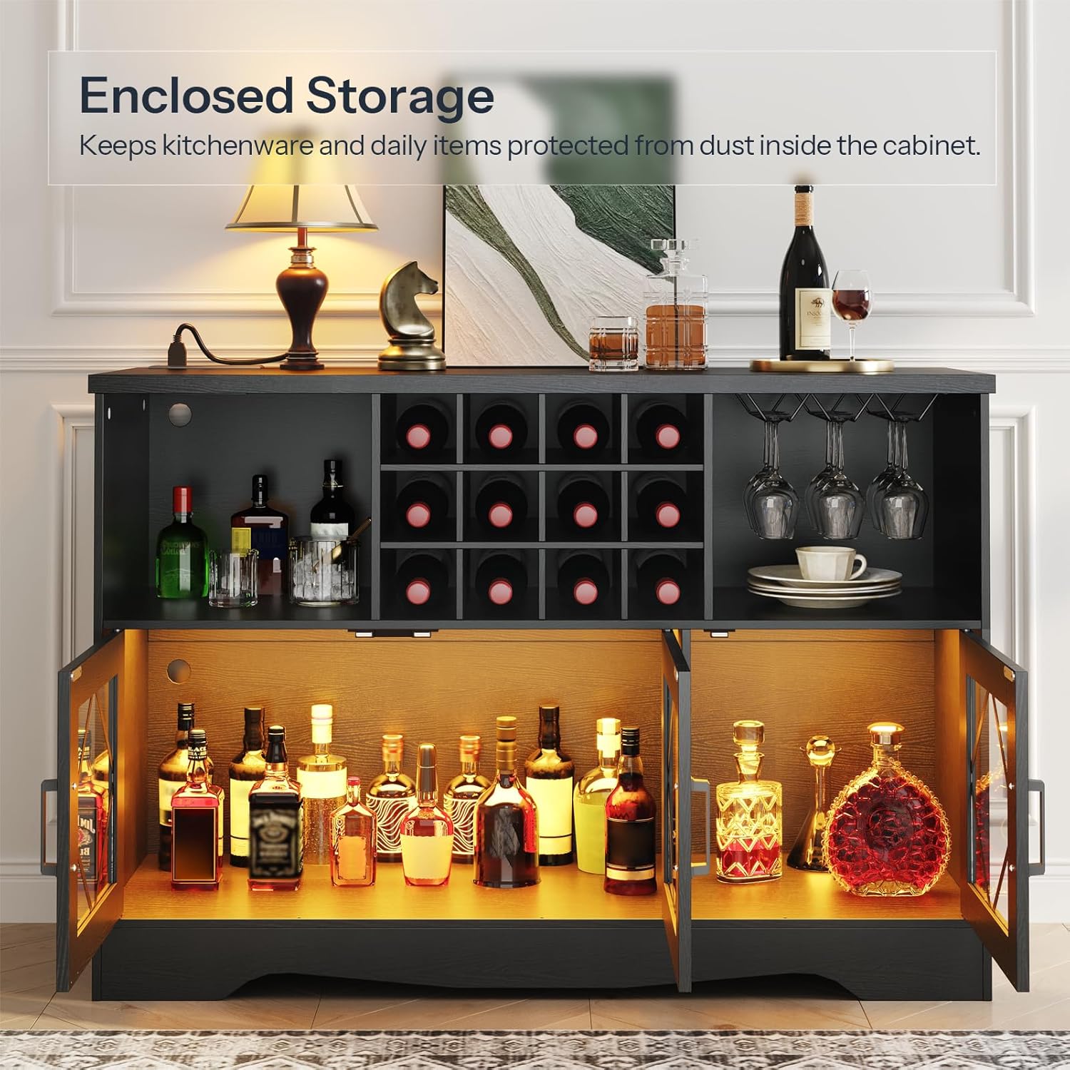 HOOBRO Bar Cabinet with Power Outlet, Liquor Cabinet with Wine Rack & Glass Holder, Freestanding Wine Cabinet with LED Light for Kitchen Living Room Dining Room, Black BK24UDJG01