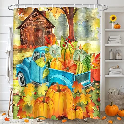 Miniatura 6 de Arttown Juego de baño de paisaje otoñal de acuarela con cortina de ducha y accesorios de alfombras, camión con calabaza de cosecha, cortina de ducha