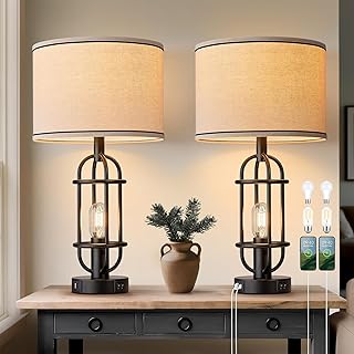 Black Table Lamps for Living Room Set of 2, 22.3" Farmhouse Lamps for Nightstand, Industrial Table Lamps for Bedroom with USB Ports, Bulbs Included