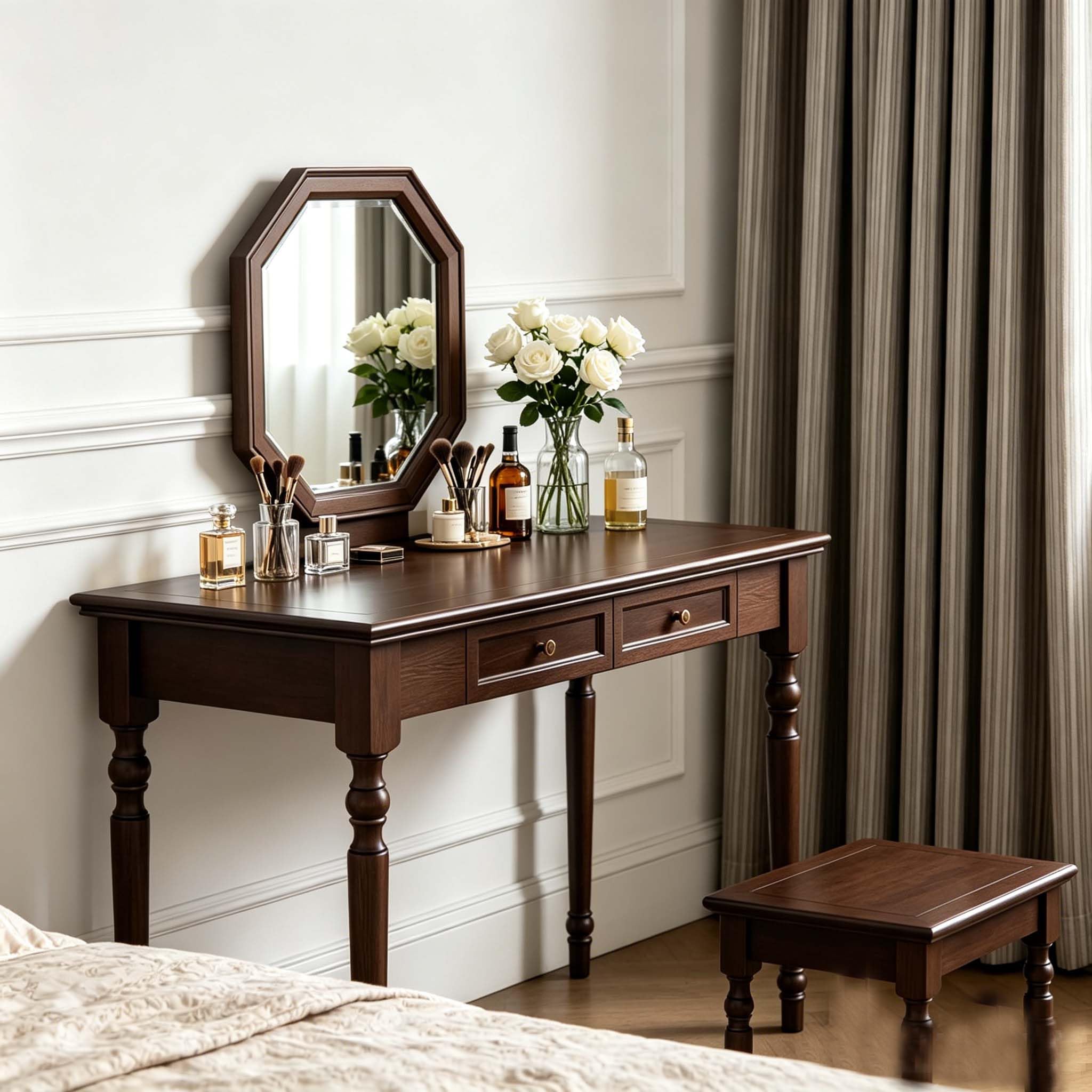 Schreibtisch aus Massivholz mit Schubladen, 120 cm,Walnussfarben | Französischer Landhausstil, ideal für Zuhause, Wohnzimmer, Arbeitszimmer oder Büro