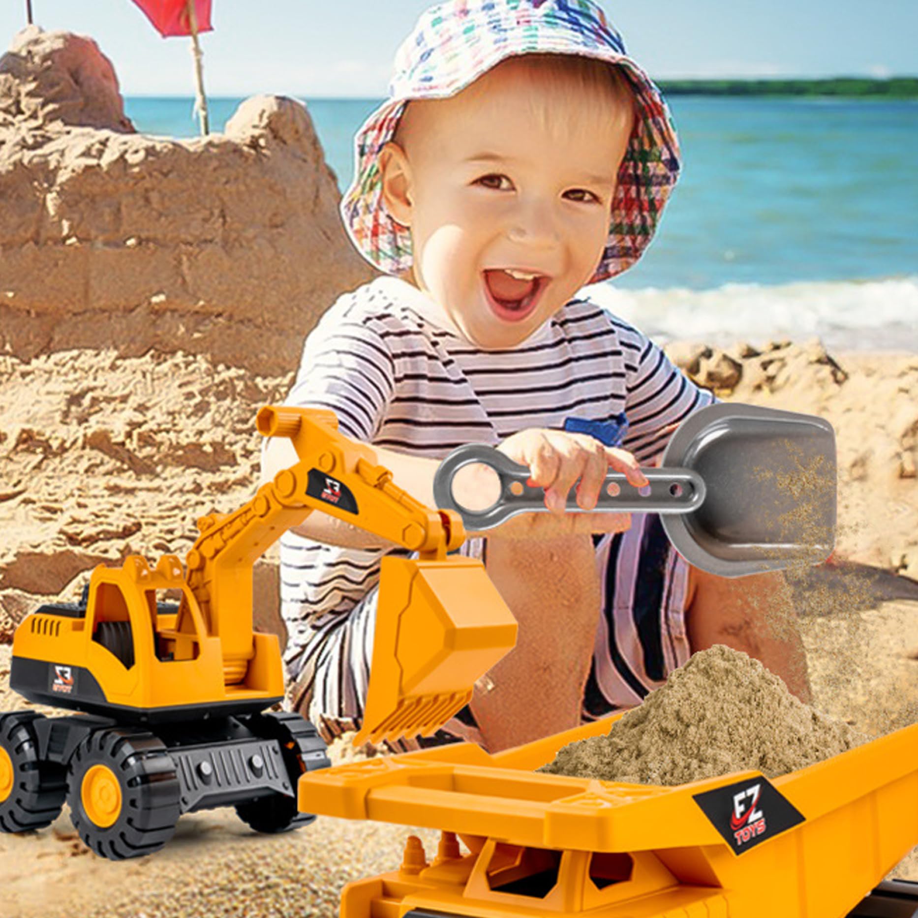 3 pezzi/set macchinine robuste giocattoli da spiaggia con sabbia dai bordi lisci con parti mobili macchinine arancioni a inerzia includono escavatore, bulldozer, camion (grande), piscina