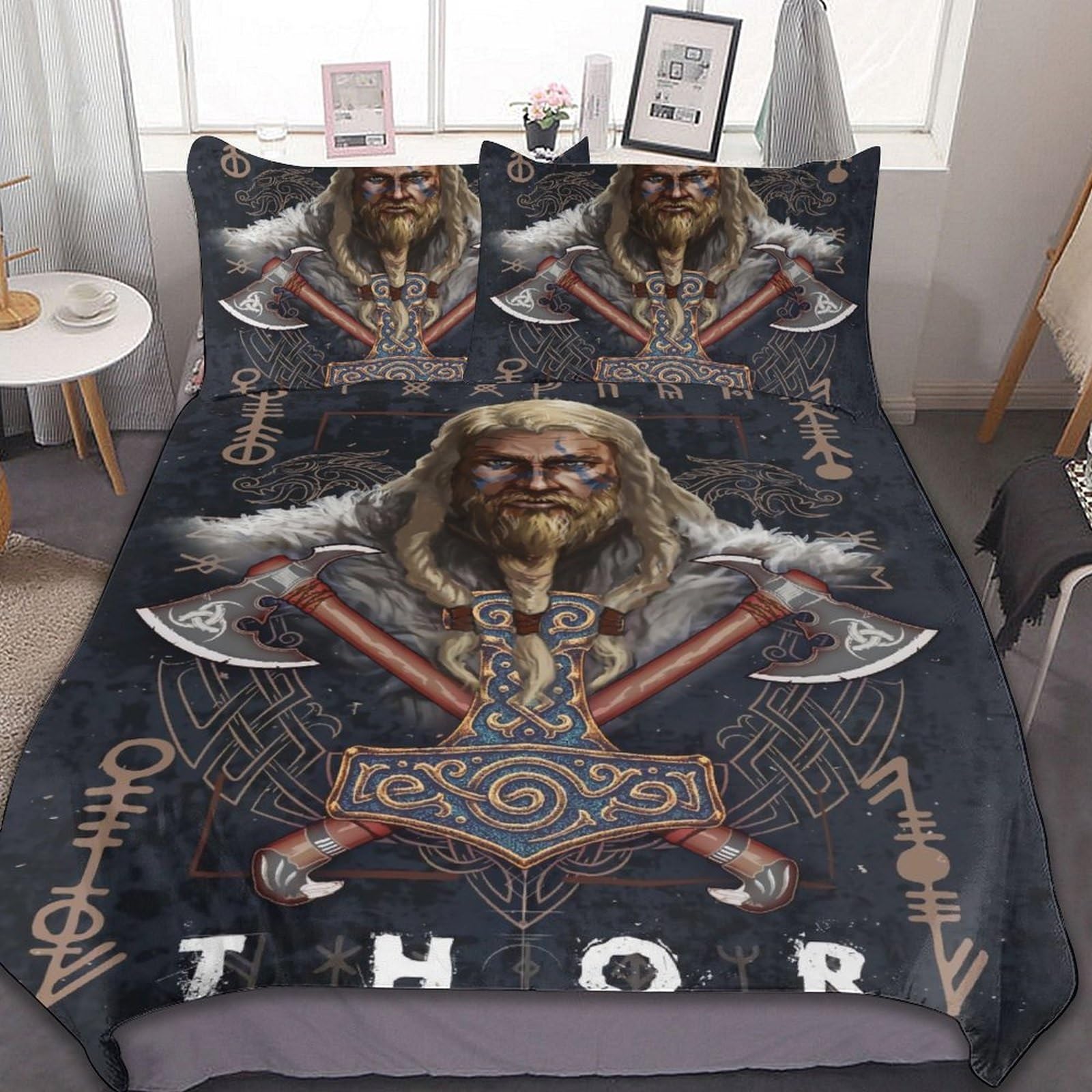LDZDGD Viking Duvet Cover Queen, Norse Totem Symbols Pattern Quilt Cover, Farmhouse Rustic Bedding Comforter Sets (Color : Valkyrie, Size : 229 x 229CM)