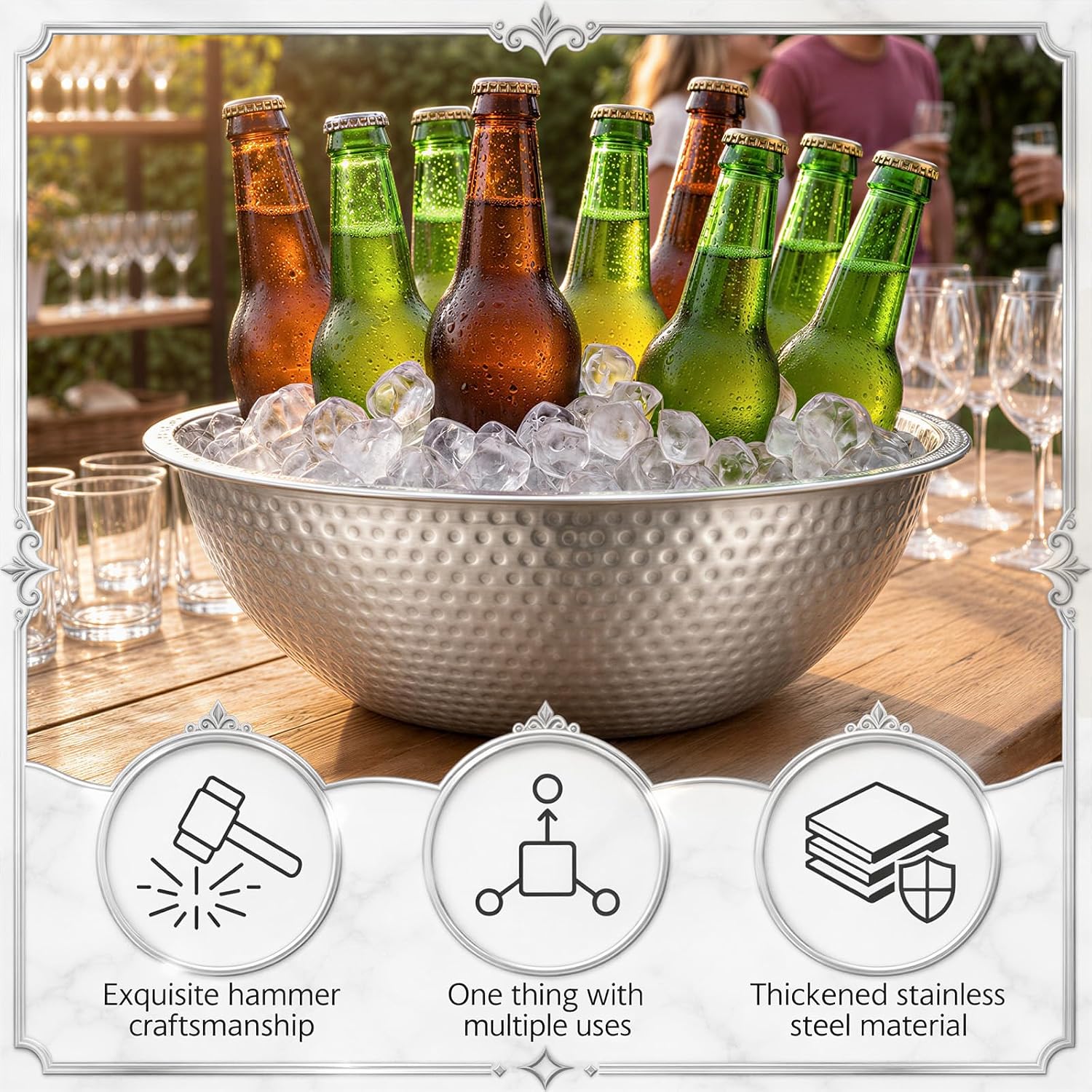 2 Pcs Large Silver Hammered Stainless Steel Beverage Tub 15.35x5.12 Inch, 16.4 Qt Leak-proof Ice Bucket for Parties, Champagne Wine Chiller Bowl, Luxury Drink Cooler for Wedding, Mimosa Bar image 3