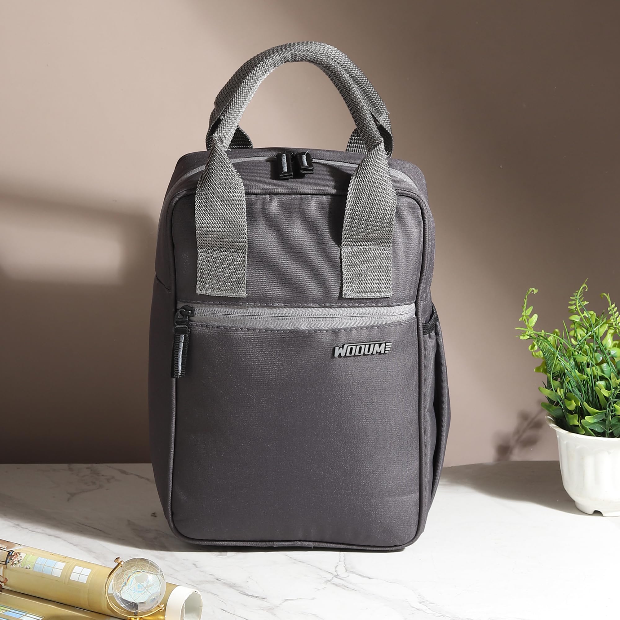 Wooum Insulated Lunch Bag for Office & Travel - Thermal Tiffin Bag with Front Zipper Pocket, Bottle Holder & Strong Handle - Water-Resistant PVC Fabric - Keeps Food Fresh