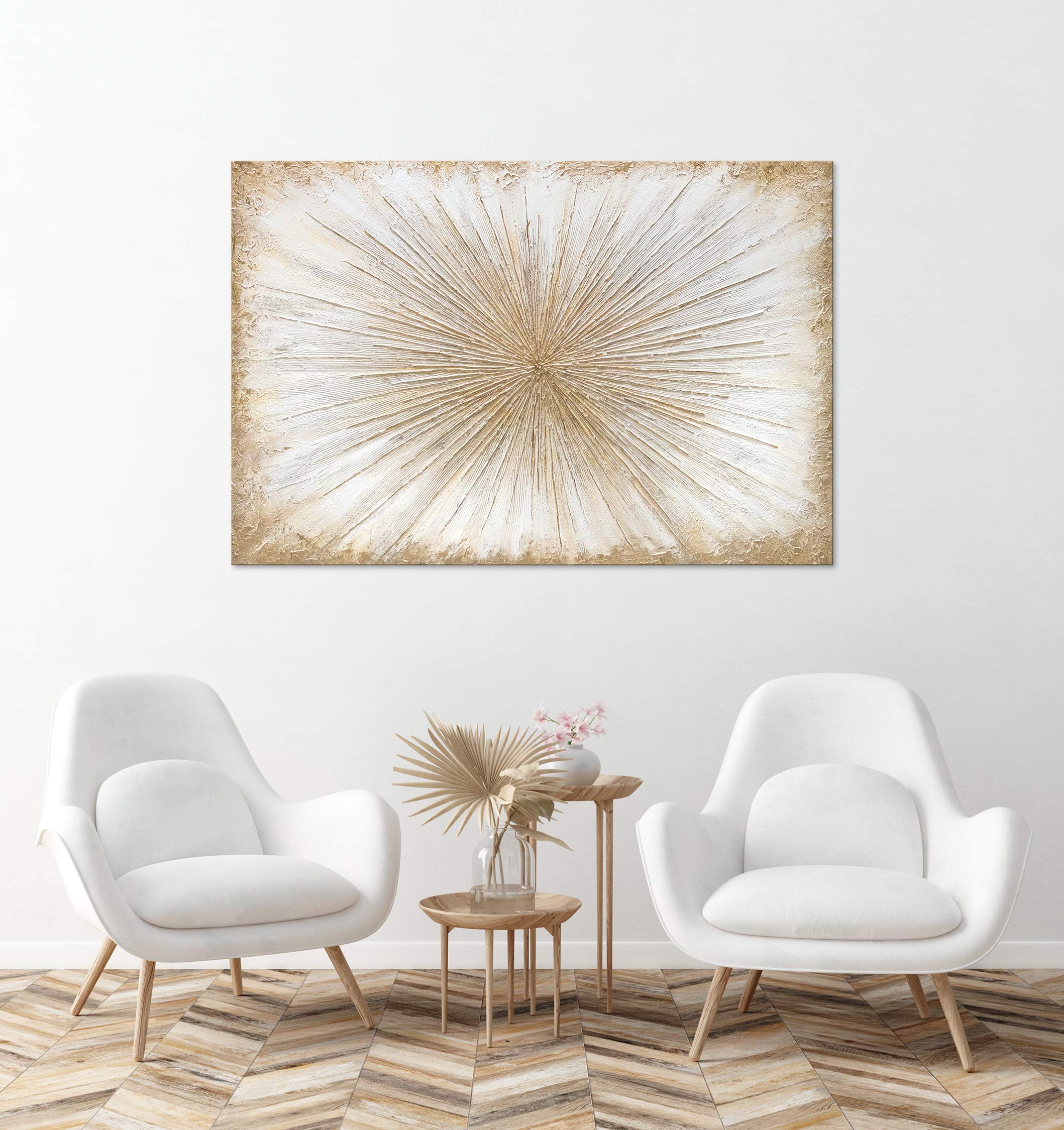 YS-Art Abstrakt Acryl Gemälde auf Leinwand Sonnenstrahlen handgemalt Wandbilder Wohnzimmer modern Wohndekor Design Bild Sonne Gold echte Kunst 120x80 cm